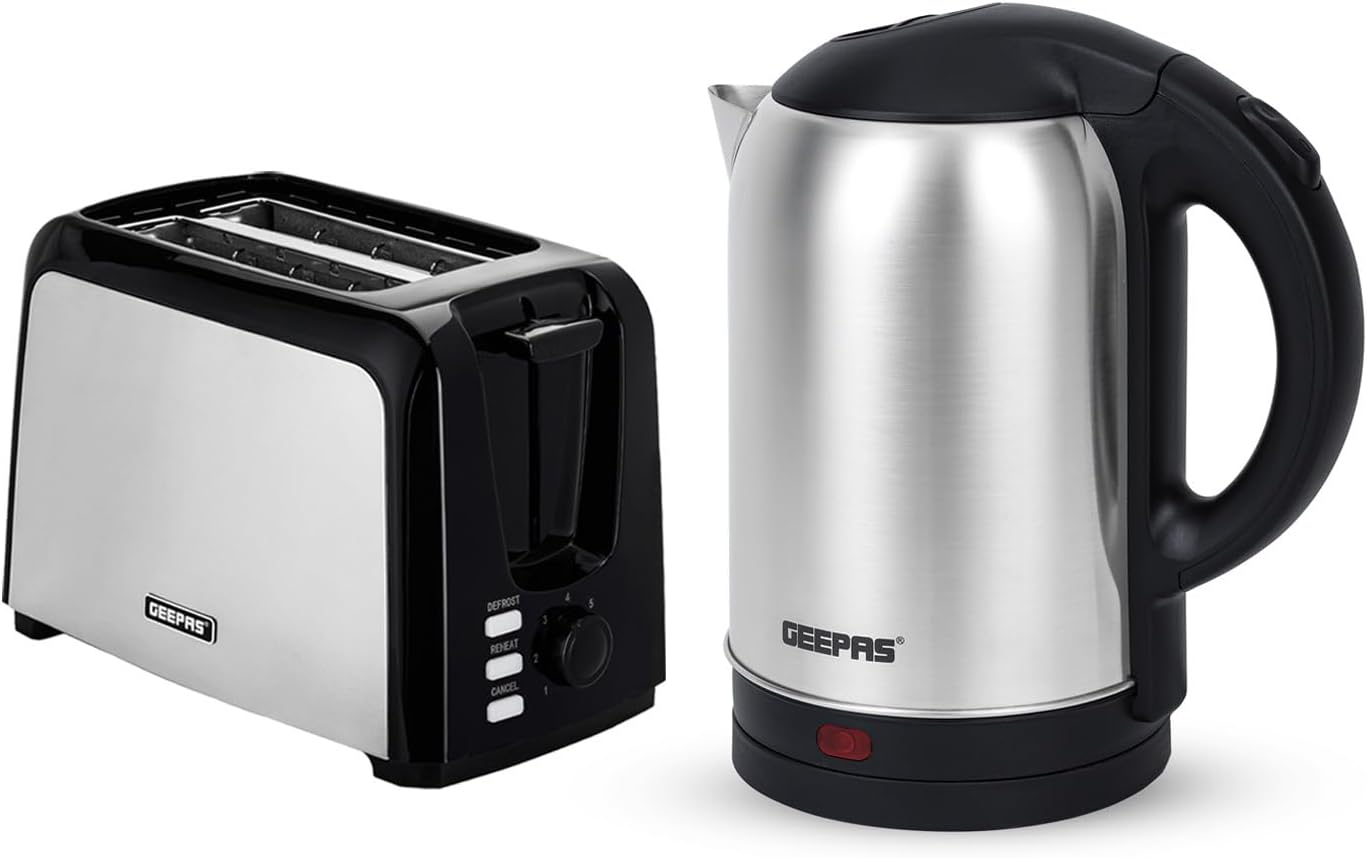 Geepas 2 Slice Bread Toaster & 1.8L Electric Kettle Kitchen Combo Set | 750W Toa...