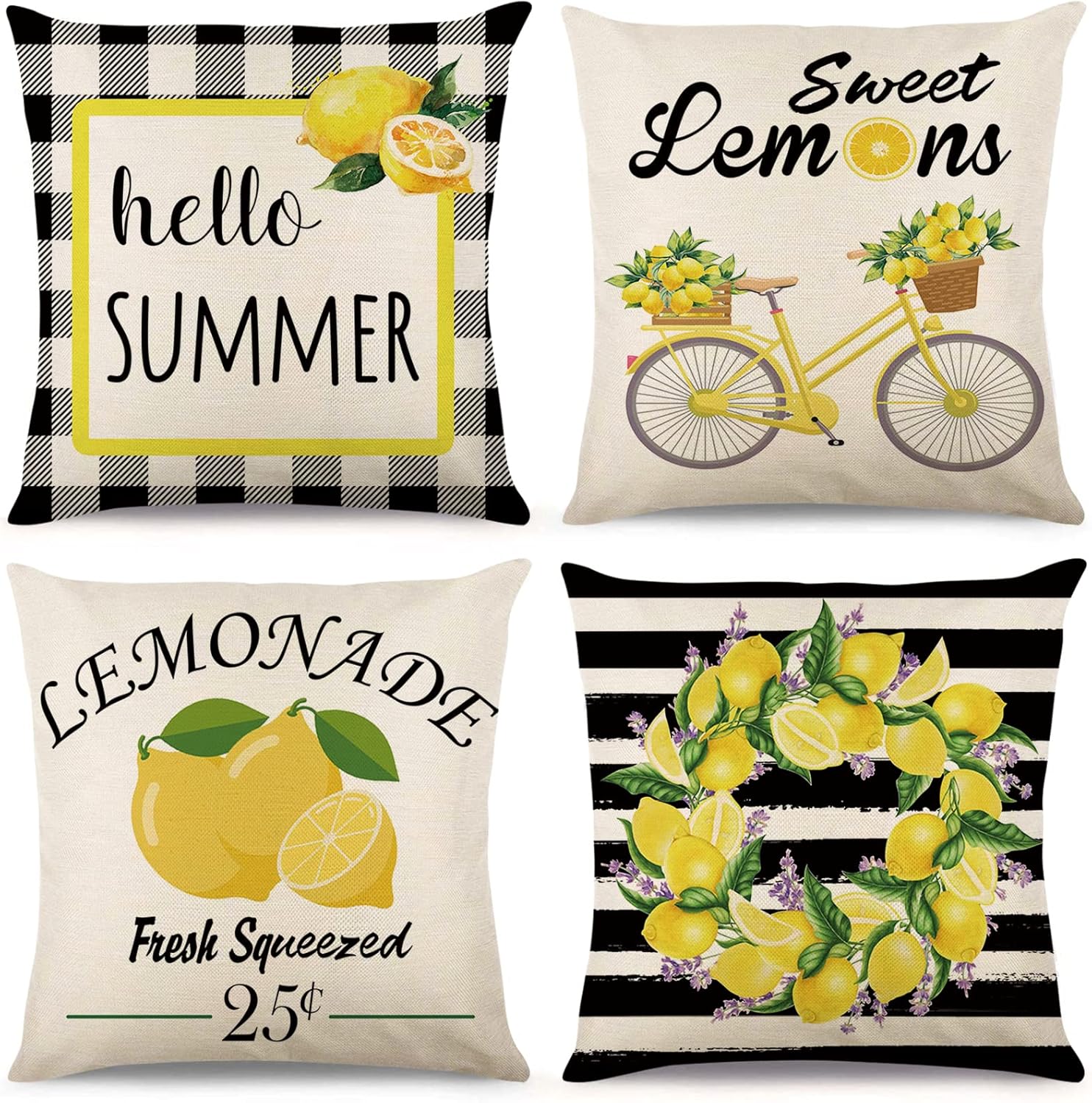 Tosewever Summer Lemon Pillow Covers 18x18 Inches Set of 4 - Watercolor Stripes...