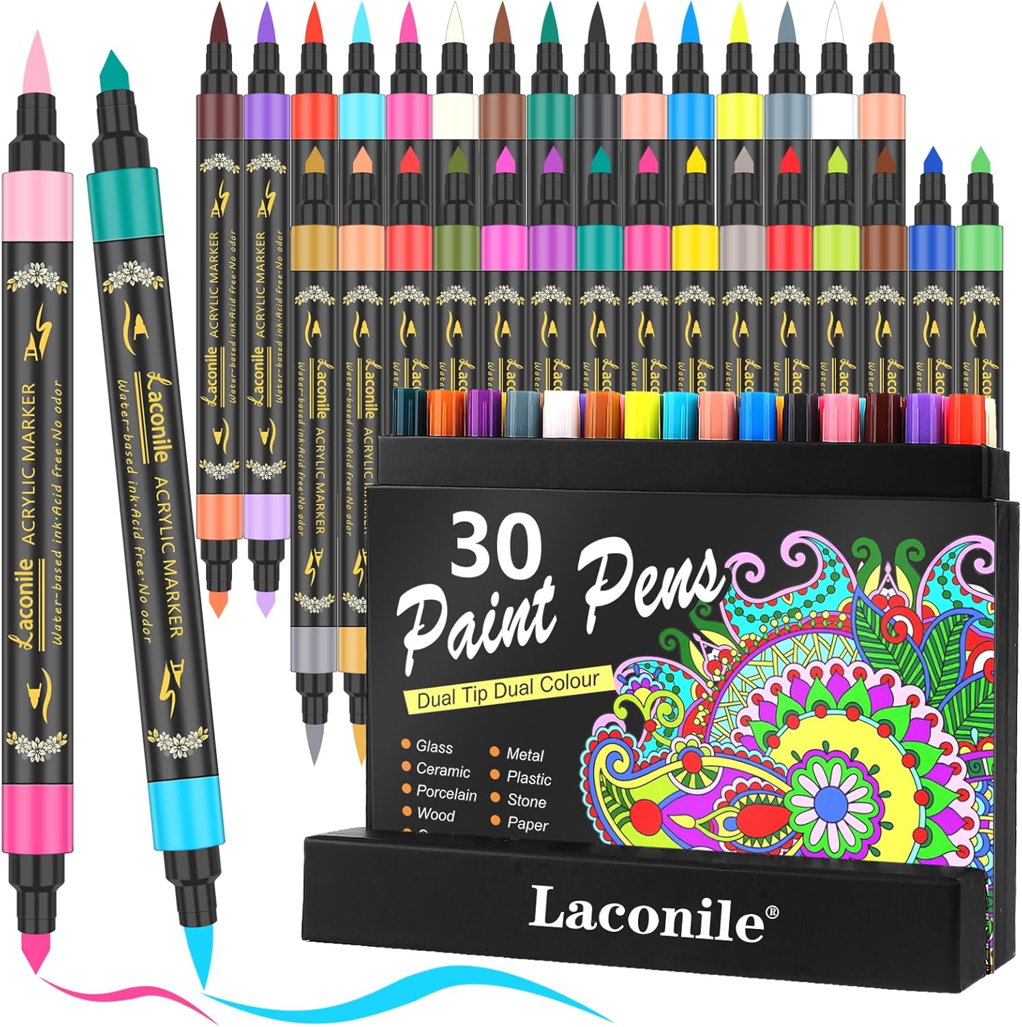 Laconile Dual Tip Acrylic Paint Pens for Rock Painting,30 Acrylic Markers with 6...