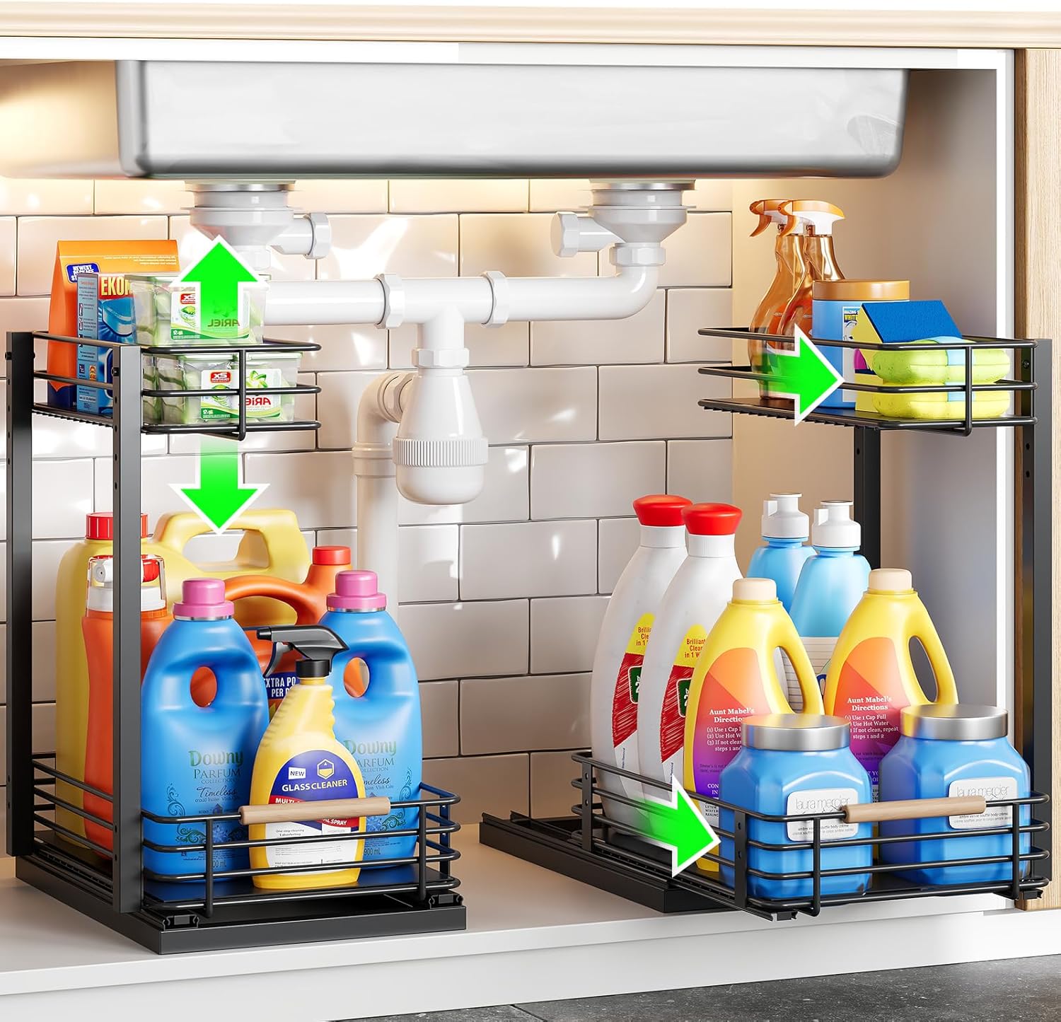 Nieifi Under Bathroom Sink Organizer, 2 Pack Pull Out Cabinet Organizer, Adjusta...