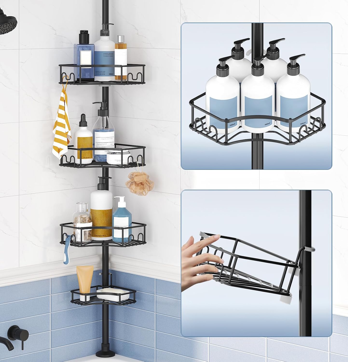 SEIRIONE Corner Shower Caddy Tension Pole, 4-Tier Rust-Free Shower Organizer Cor...