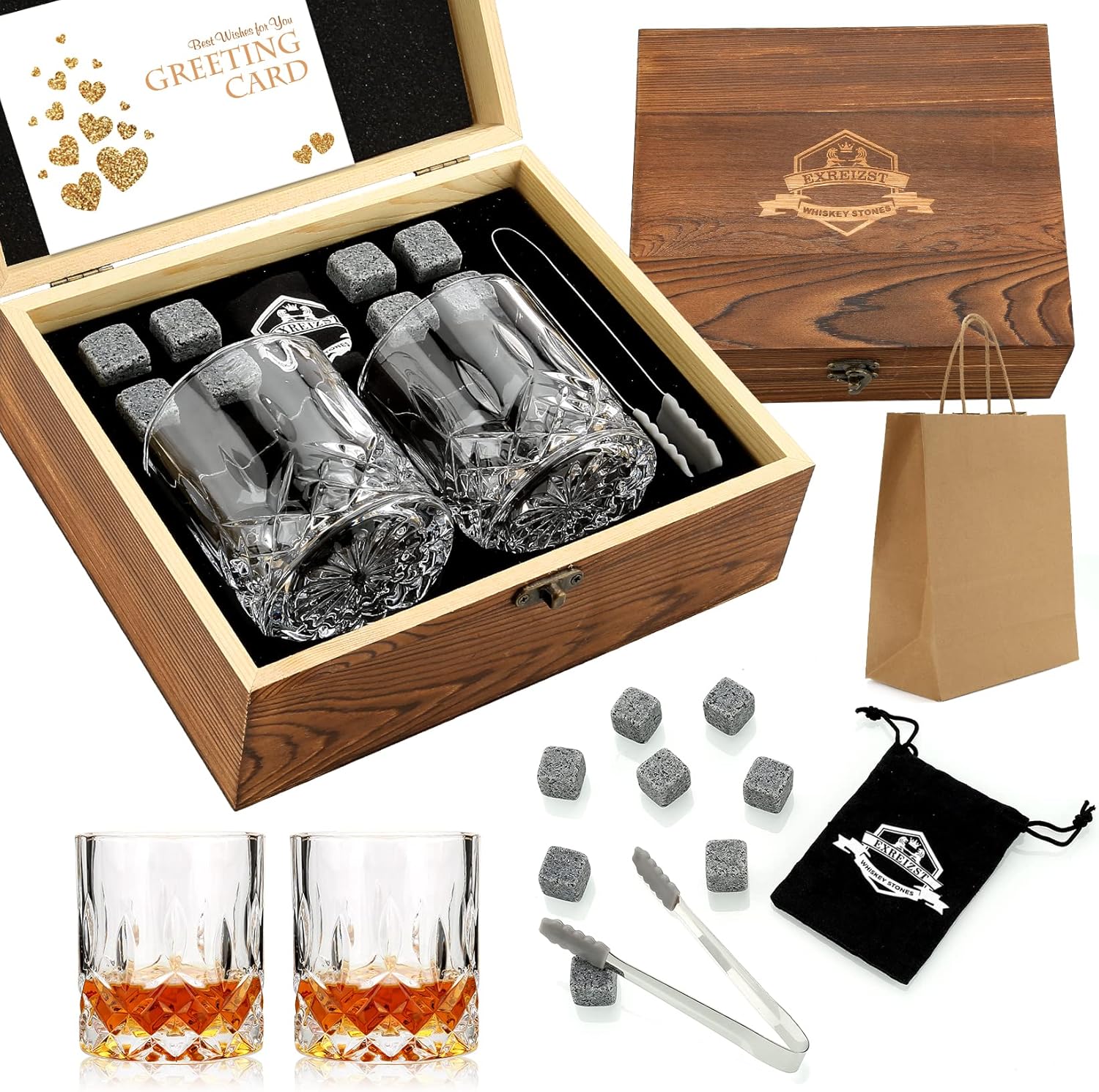 EXREIZST Whiskey Stones, Whiskey Glass Gift Set, Whisky Rocks Chilling Stones in...