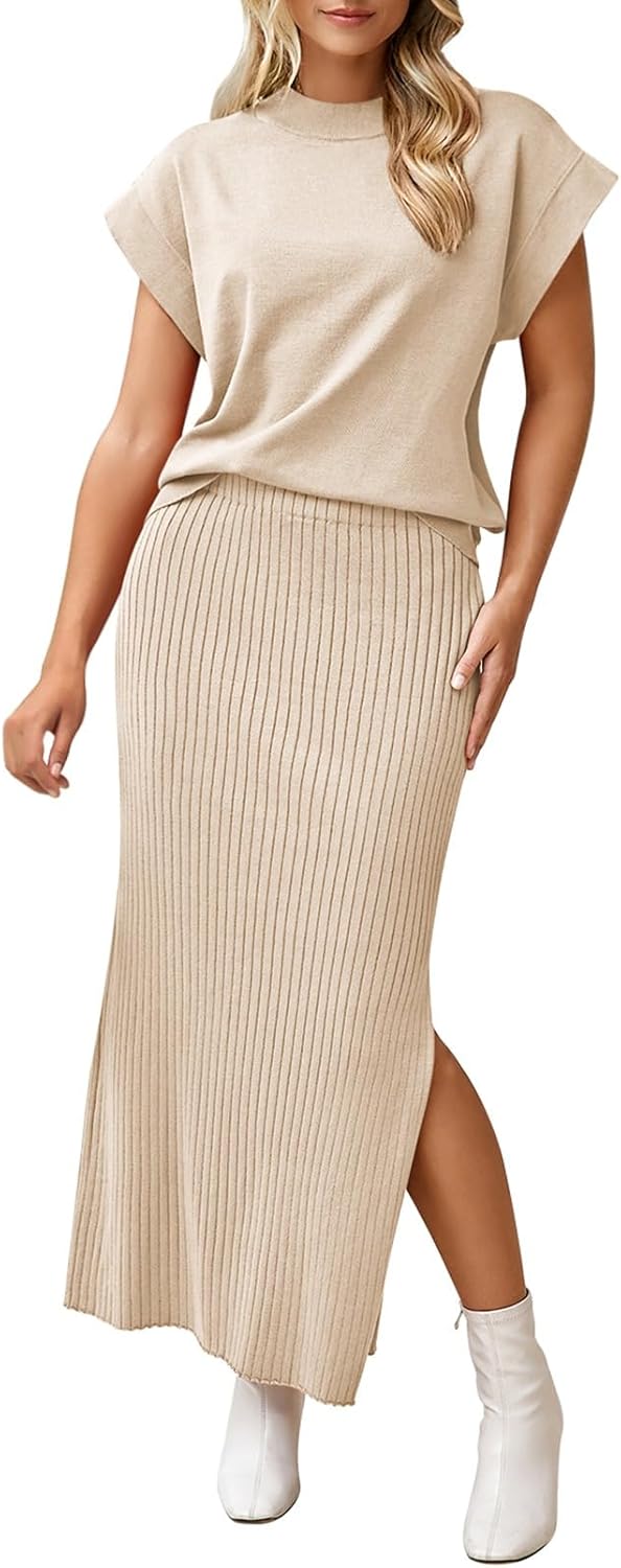 Pink Queen Women's 2 Piece Sweater Outfits Set Summer Cap Sleeve Tops Bodycon Ma...