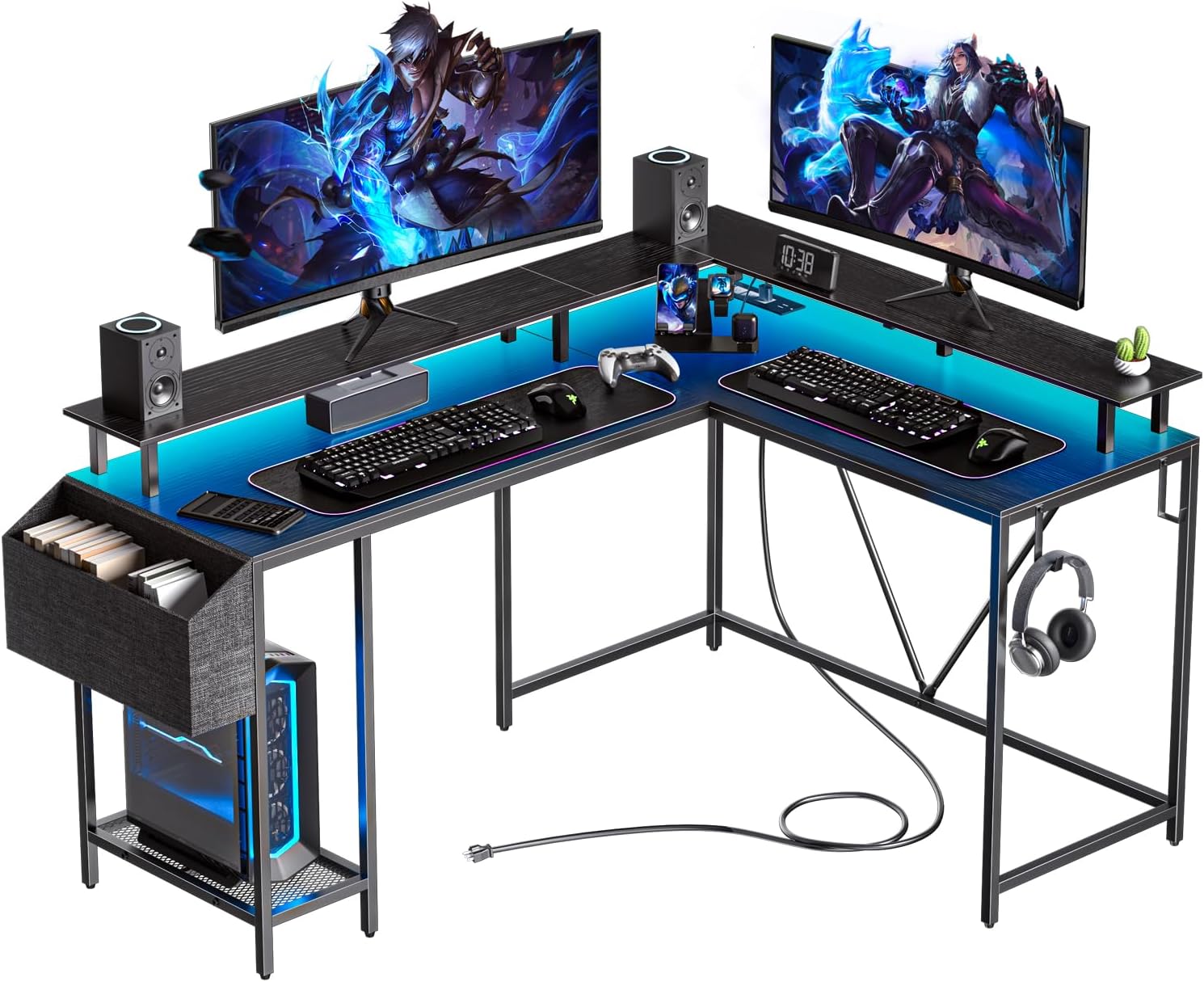 53inch L Shaped Desk,L Shaped Gaming Desk with Power Outlets & LED Lights, Compu...