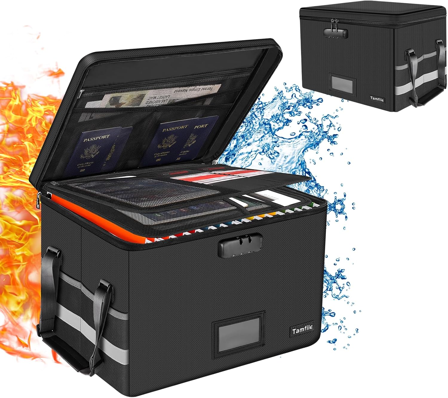 Tamfile Fireproof Document Box, Waterproof File Organiser Box with Lock, Collaps...