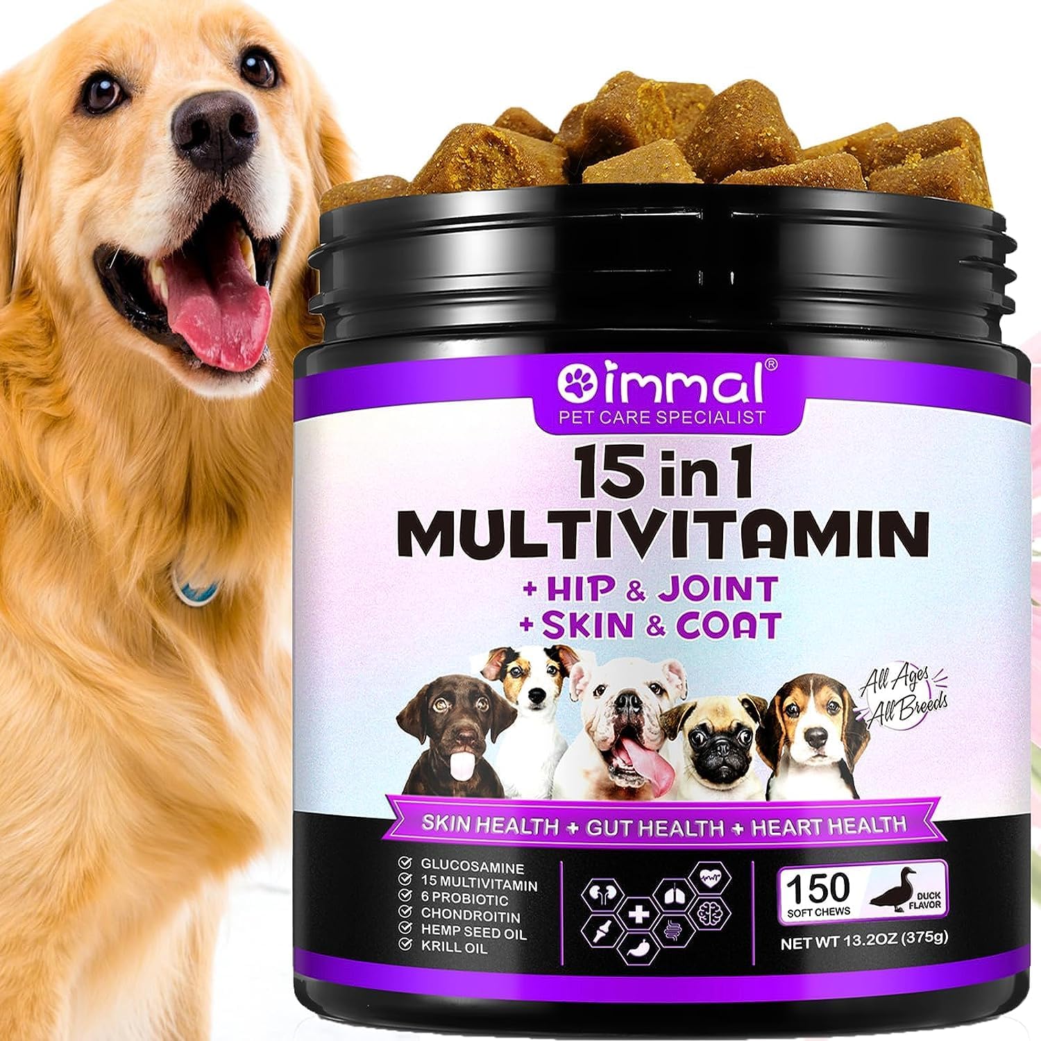 15 in 1 Dog Multivitamin Treats, 150 Chews Vitamins Supplements for Dogs, Hip &...