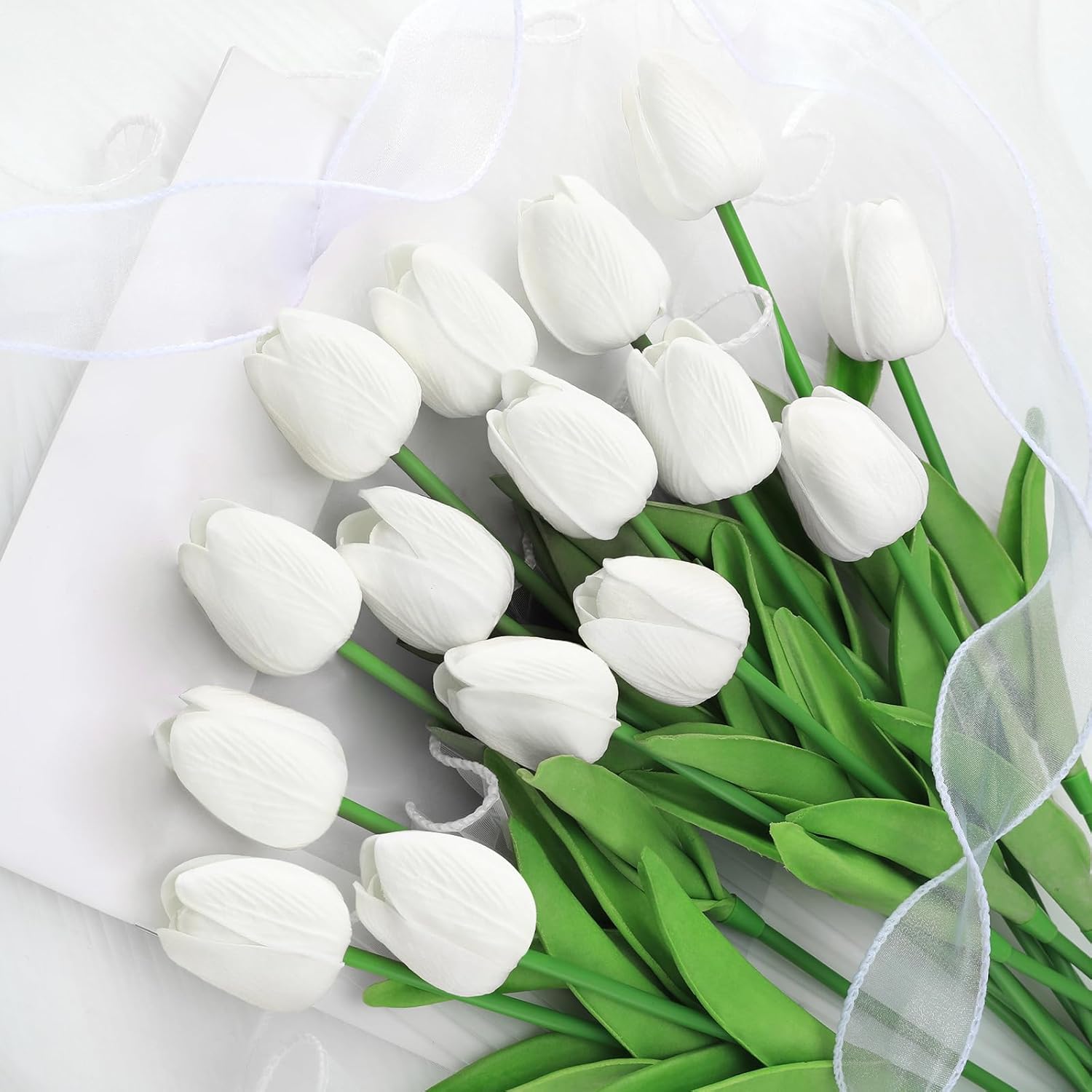Kisflower 12Pcs Latex Artificial Tulips - Fake Tulips Artificial Flowers Faux Wh...