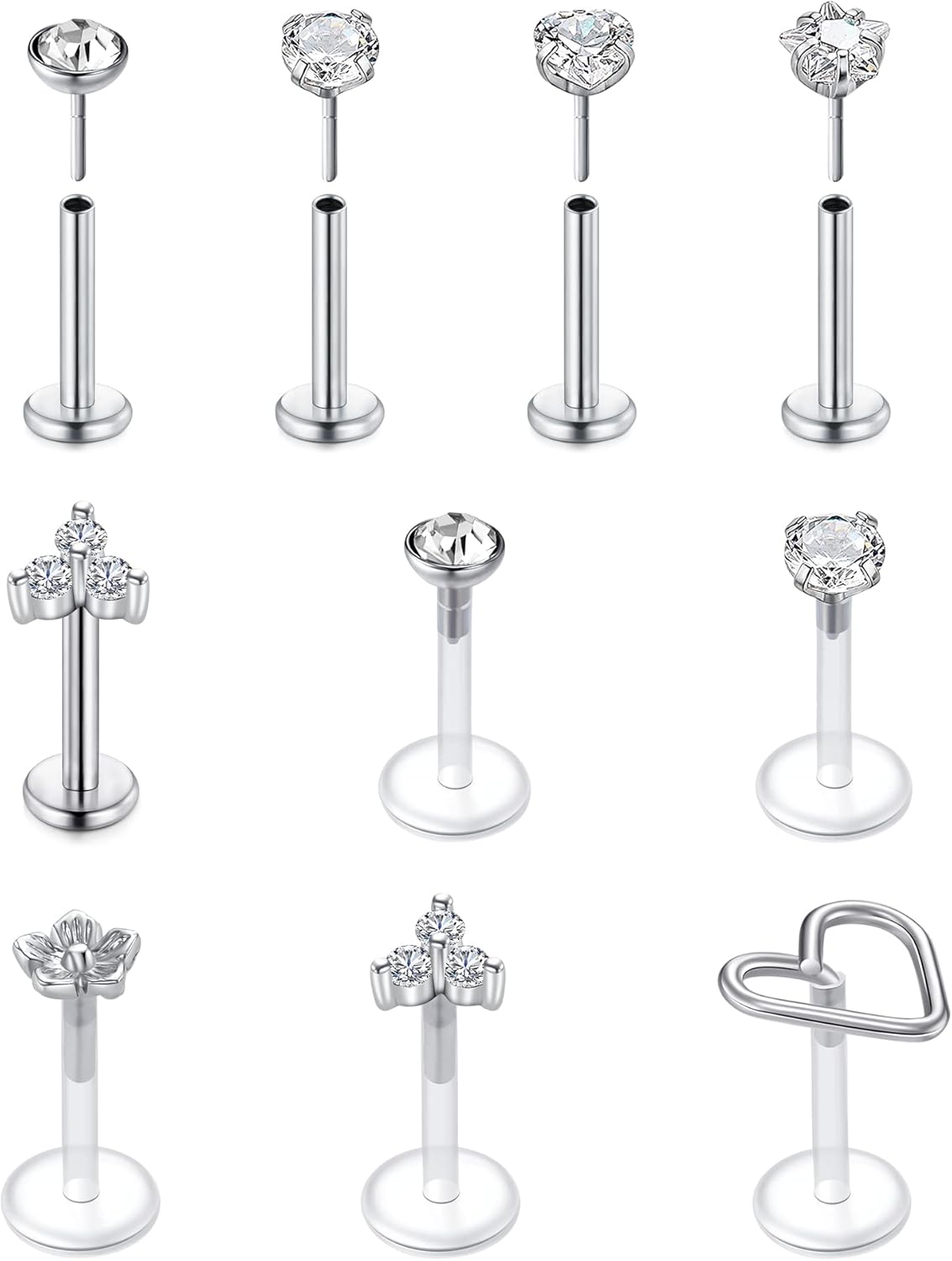 VFUN 16G Tragus Earrings Mixed Styles Bioflex Stainless Steel Lip Rings Labret M...