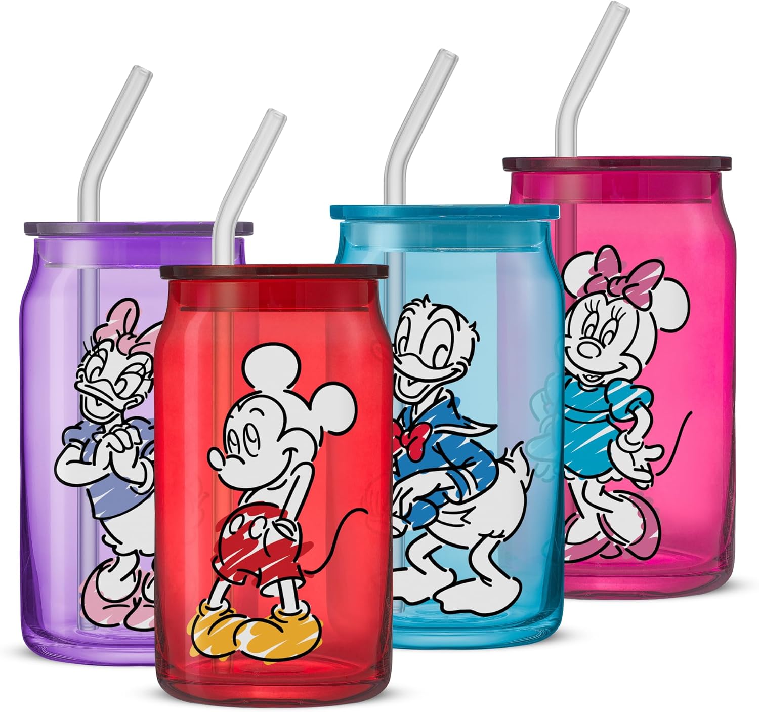 JoyJolt Disney Mickey Mouse and Friends Color Sketch Glass Tumblers with Lids an...