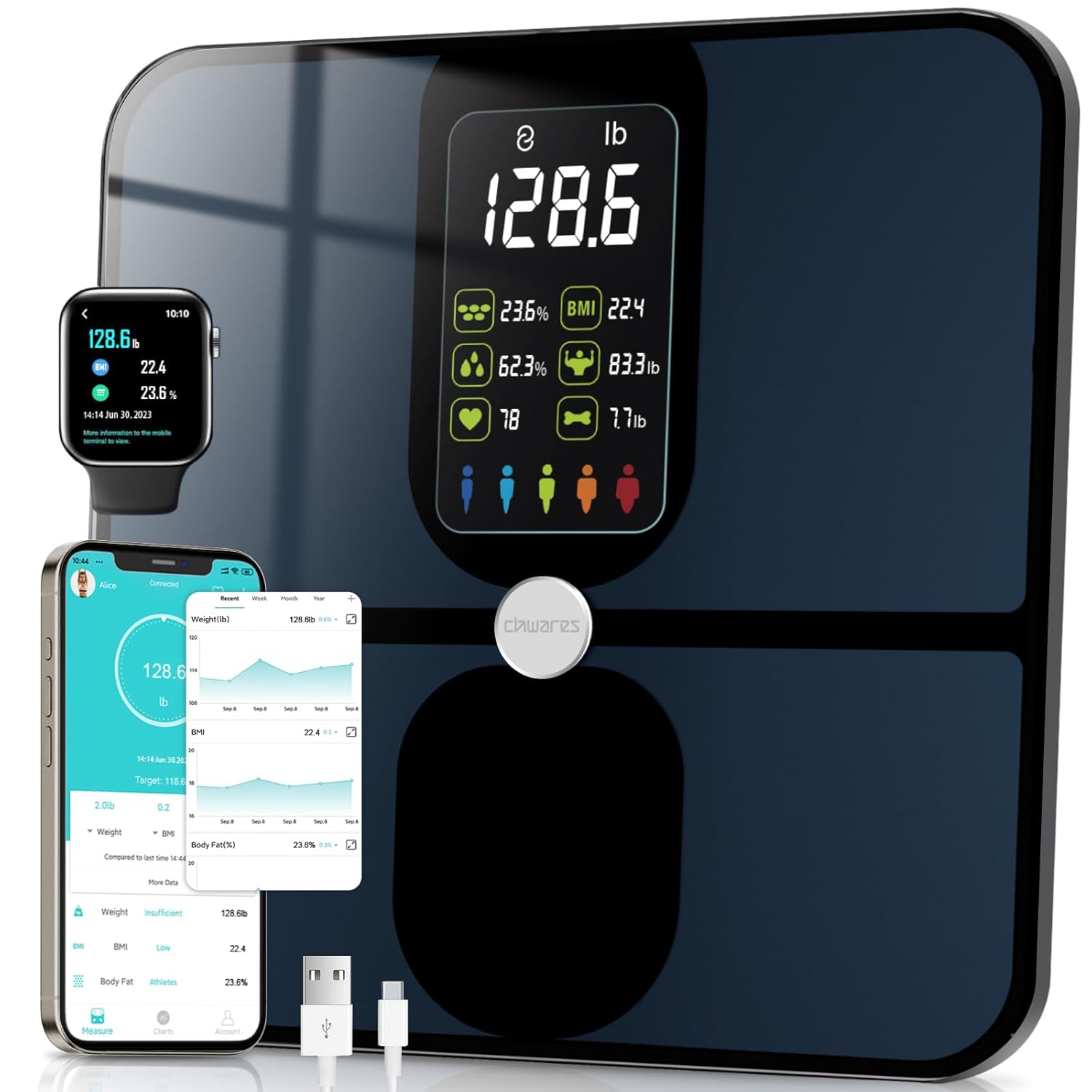 CHWARES Scales for Body Weight, Bathroom Weighing Scales Rechargeable with Smart...