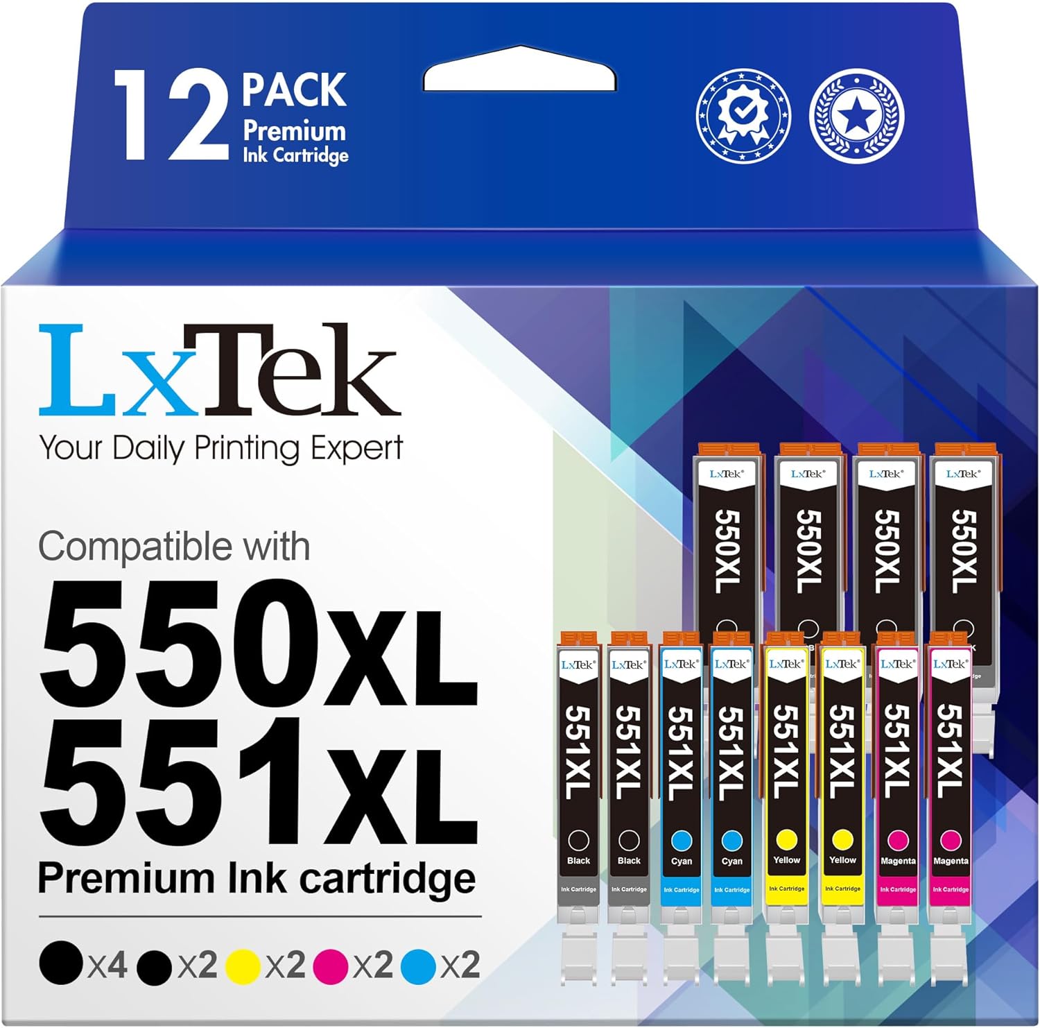 LxTek 550XL 551XL Ink Cartridges Compatible for Pixma MG7550 MG6350 IP7250 MG565...