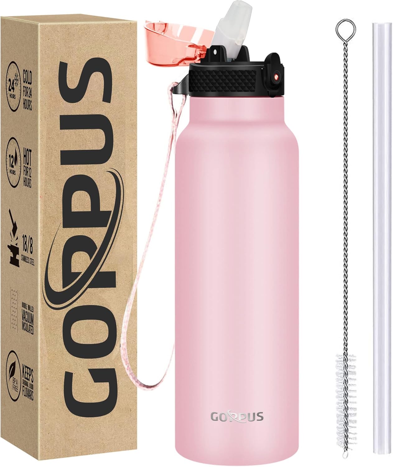 GOPPUS 750ml/26oz Insulated Water Bottles with Straw 0.75 Litre Metal Bottles St...