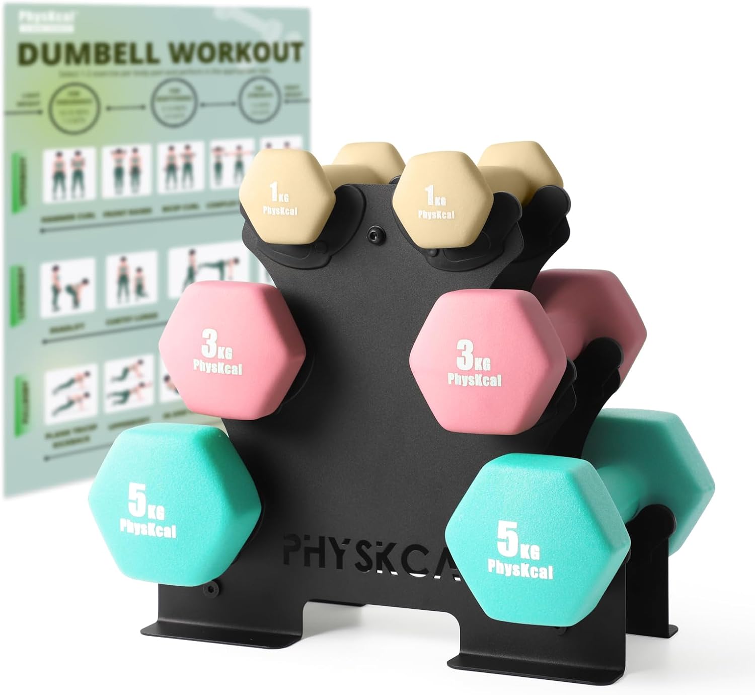 PhysKcal Dumbbells Set of 6 with Carry Rack, Hand Weights & Tree Set for Home Gy...