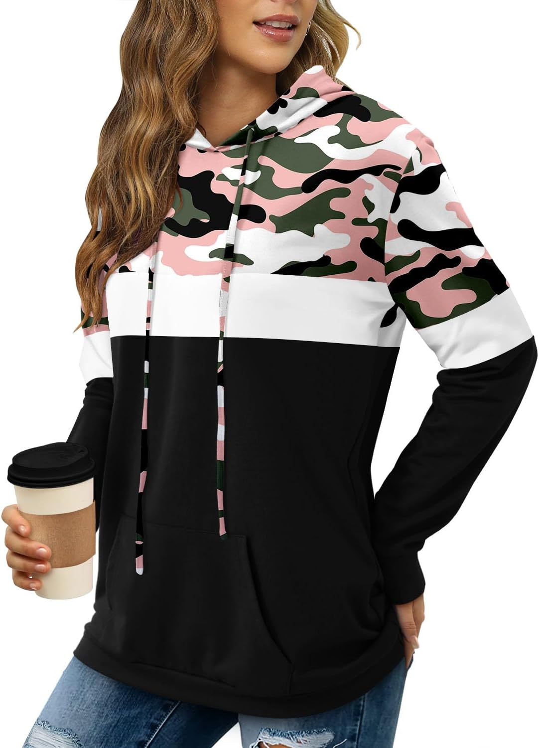 KISSMODA Hoodies for Women Camo Leopard Print Tops Pullover Hooded Sweatshirt Dr...