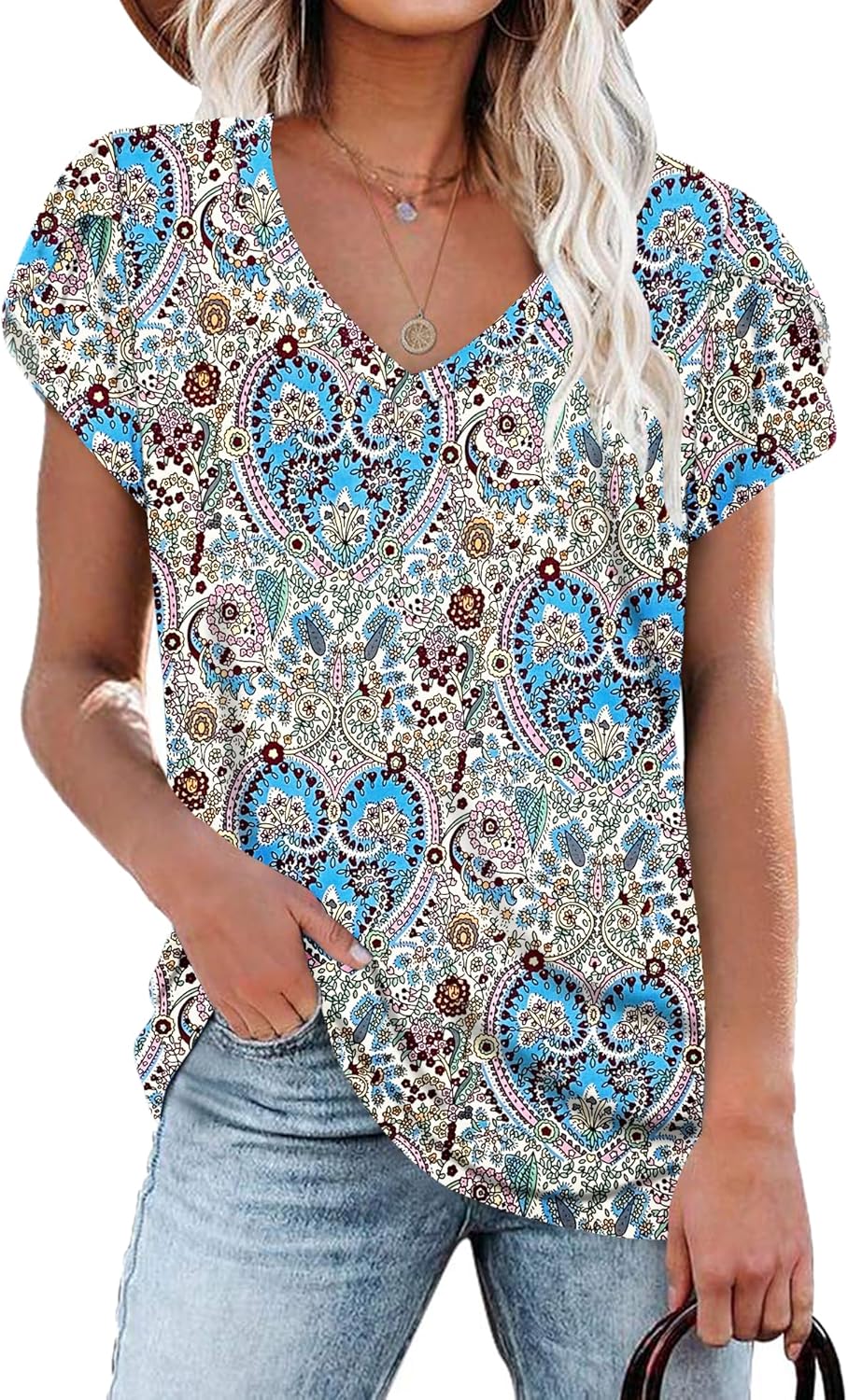 PLOKNRD Women's Casual V-Neck T-Shirt, Long Length, Petal Short Sleeve, Summer C...