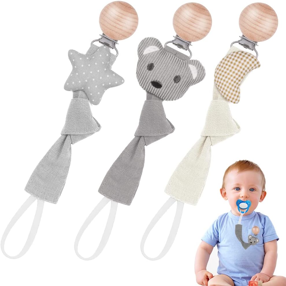 Vicloon 3 Pcs Baby Dummy Clips, Dummy Clip Boys Girls, Wooden Dummy Clips for Ba...