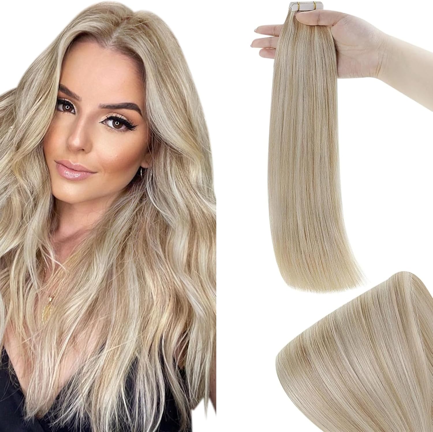 RUNATURE Tape in Hair Extensions Ash Blonde Highlights Platinum Blonde Tape in H...