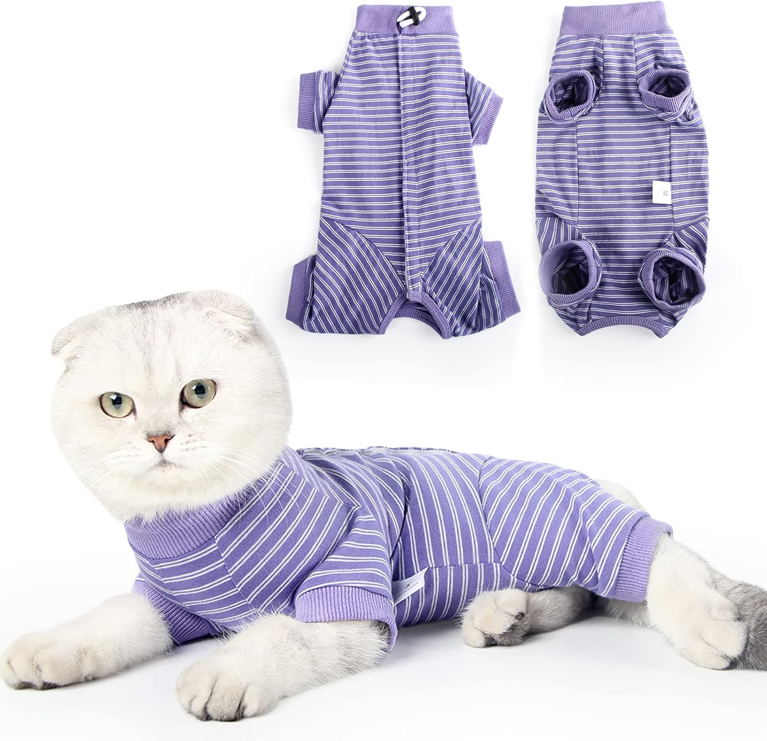 HEYWEAN Cat Recovery Suit Cat Vest Bodysuit After Surgery Stripes Long Sleeve Ca...