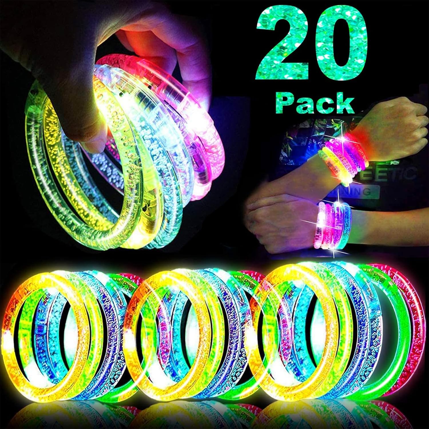 20 Pack LED Light Up Bracelets Glow in The Dark Party Supplies, Colorful Flashin...