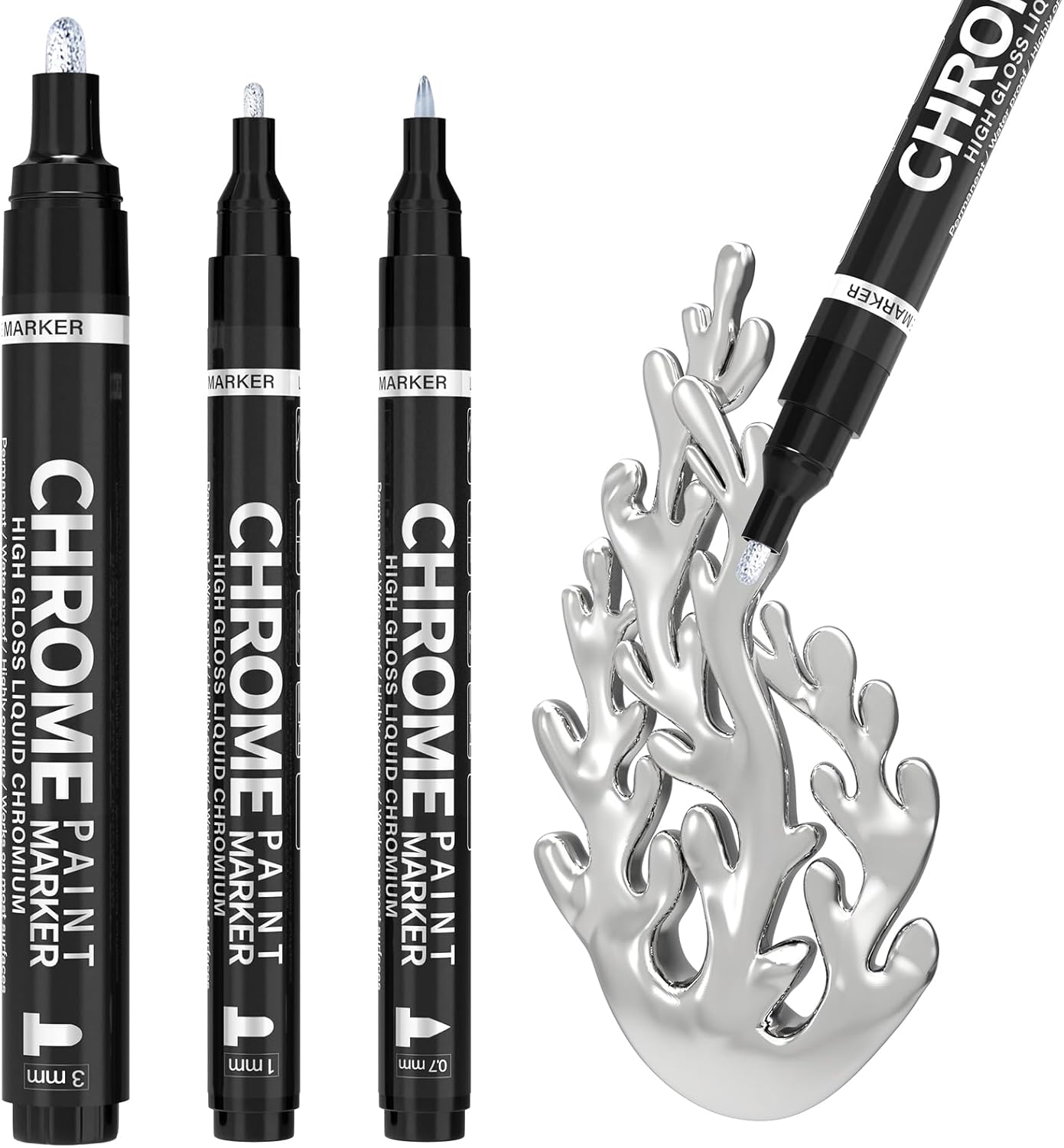 AOSUCO Silver Metallic Chrome Paint Pens, 3Pack Liquid Chrome Markers Mirror Eff...