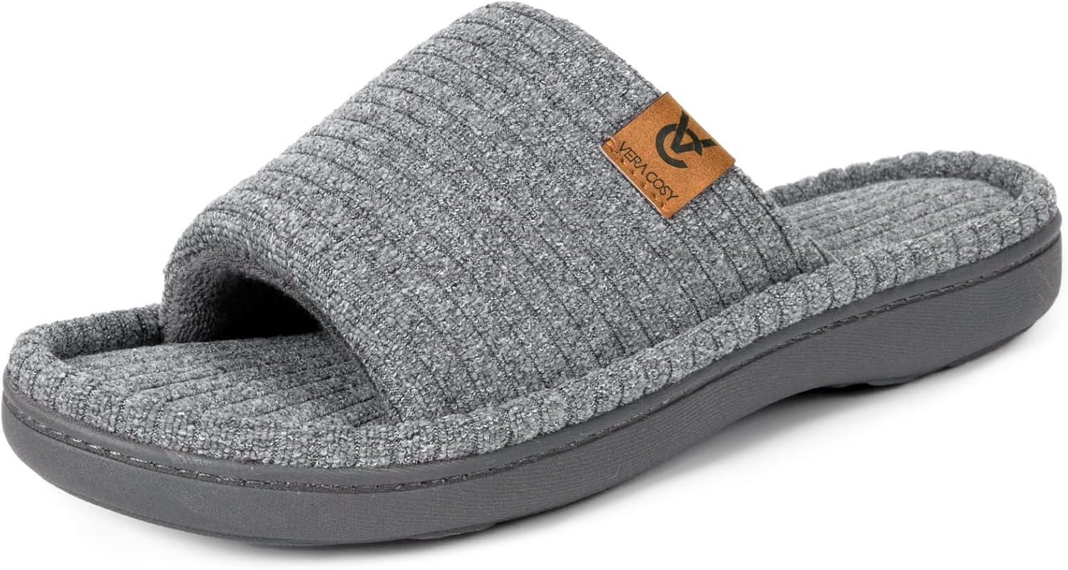 VeraCosy Women's Open Toe Slippers Terry Cloth Memory Foam Indoor House Shoes