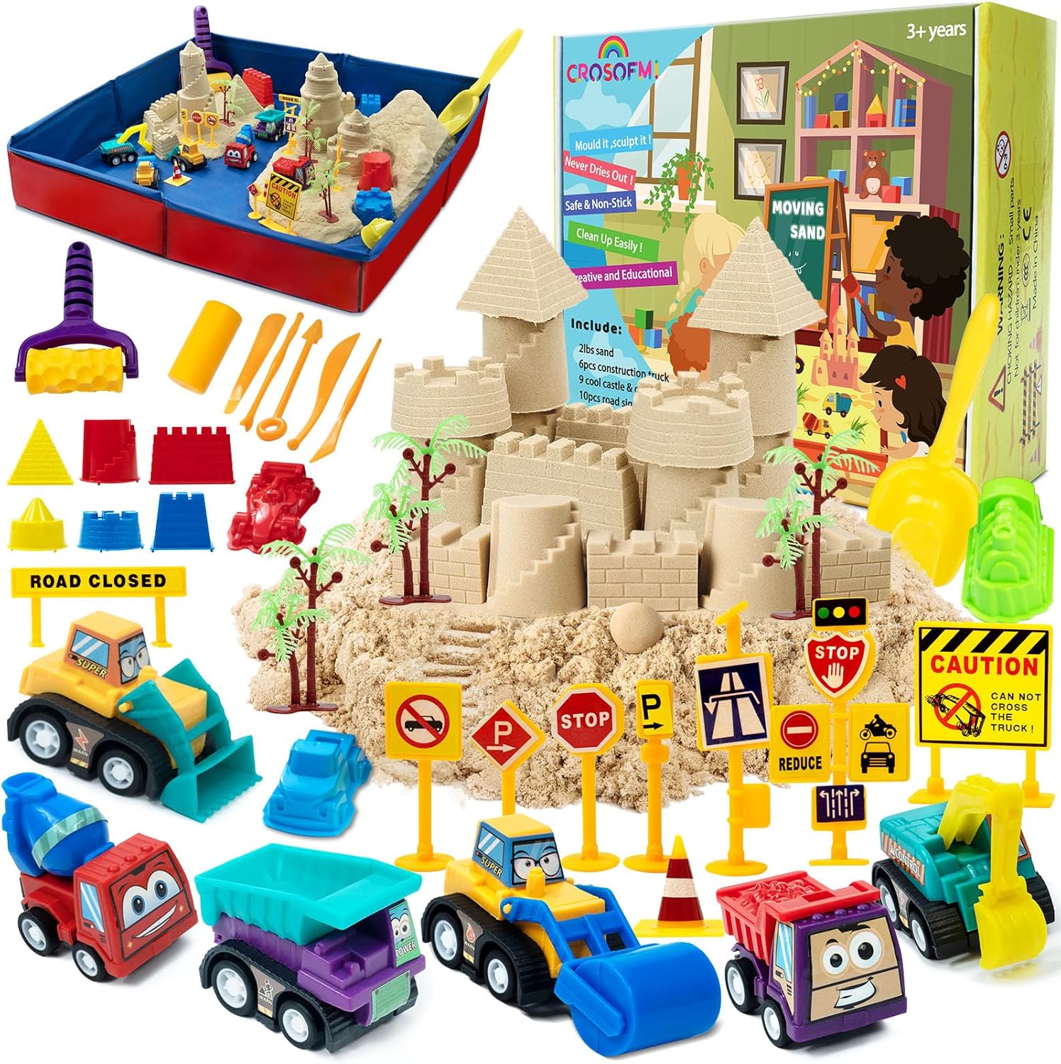 CROSOFMI Play Sand for Kids 2lbs Magic Sand with 6 Construction Vehicles 10 Road...