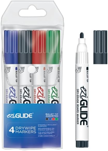 Eziglide Assorted Bullet Tip Whiteboard Pens 4 Pack, Black, Red, Blue & Green; H...