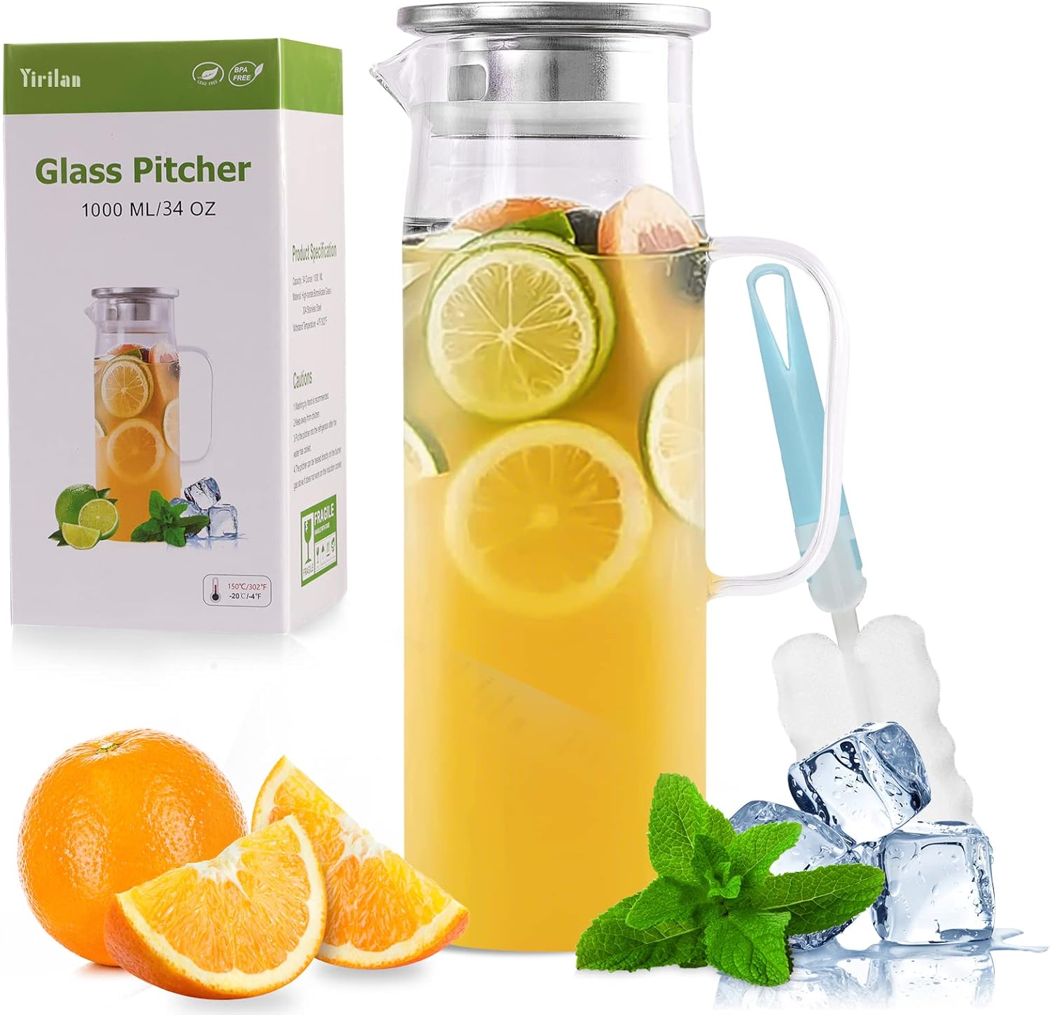 Yirilan Water Jug,35 OZ / 1Liter Glass Jug with Lid,Small Glass Pitcher,Glass Ca...