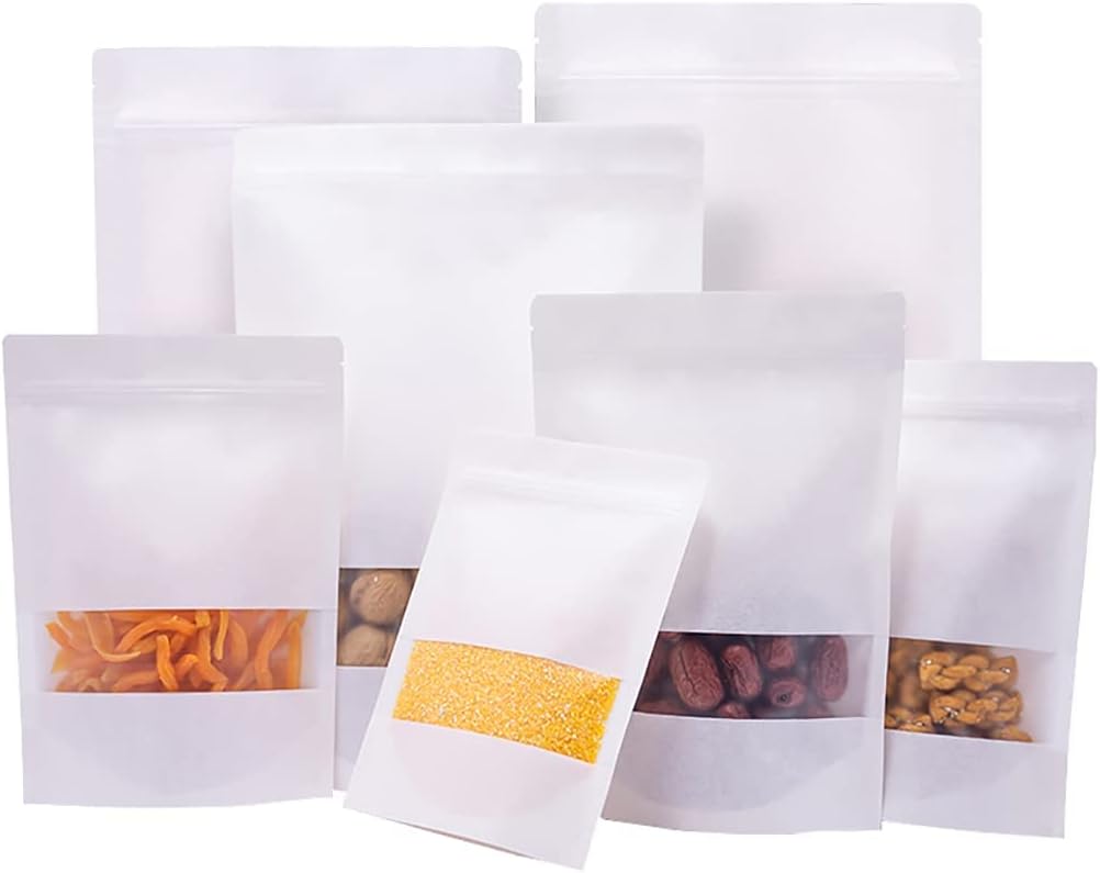 Resealable Stand up Pouch,Kraft Bags with Window,Paper Bags for Food,Stand Up Po...