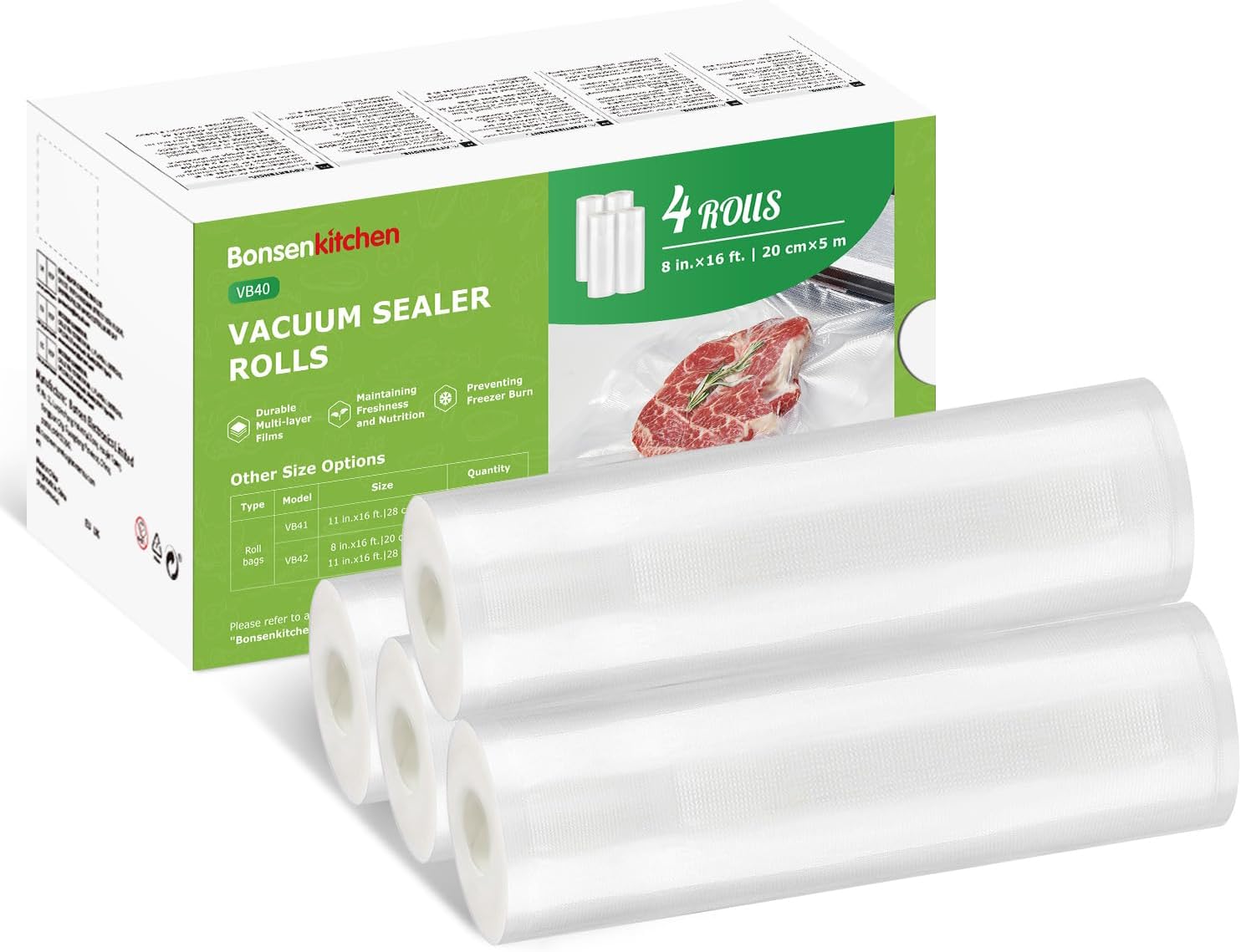 Bonsenkitchen Vacuum Food Sealer Rolls Bags 4 Rolls 20 x 500 cm, BPA Free, Comme...