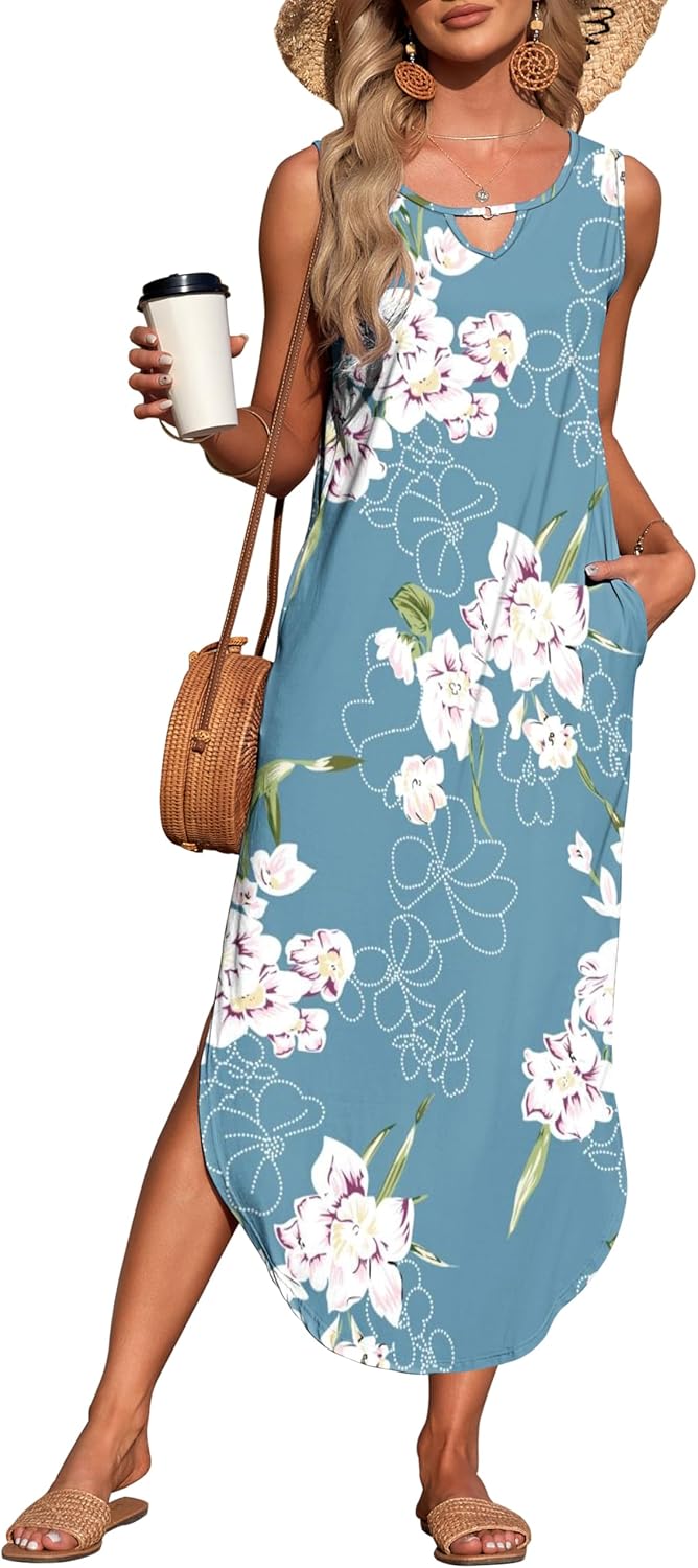 AUSELILY Summer Maxi Dresses for Women UK Sleeveless Halter Loose Beach Ladies S...