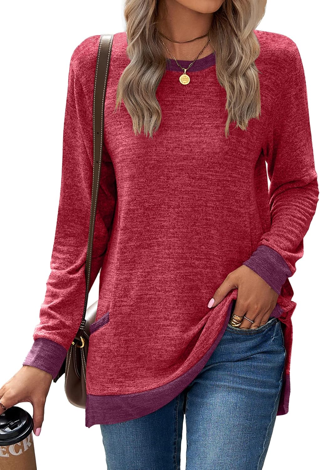 Famulily Ladies Longline Tops Color Block Jumper Sweatshirt Round Neck Long Slee...