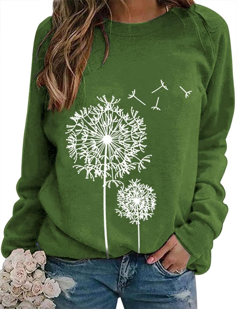 Dresswel Women Dandelion Print Sweatshirt Crew Neck Long Sleeve Tops Basic Jumpe...
