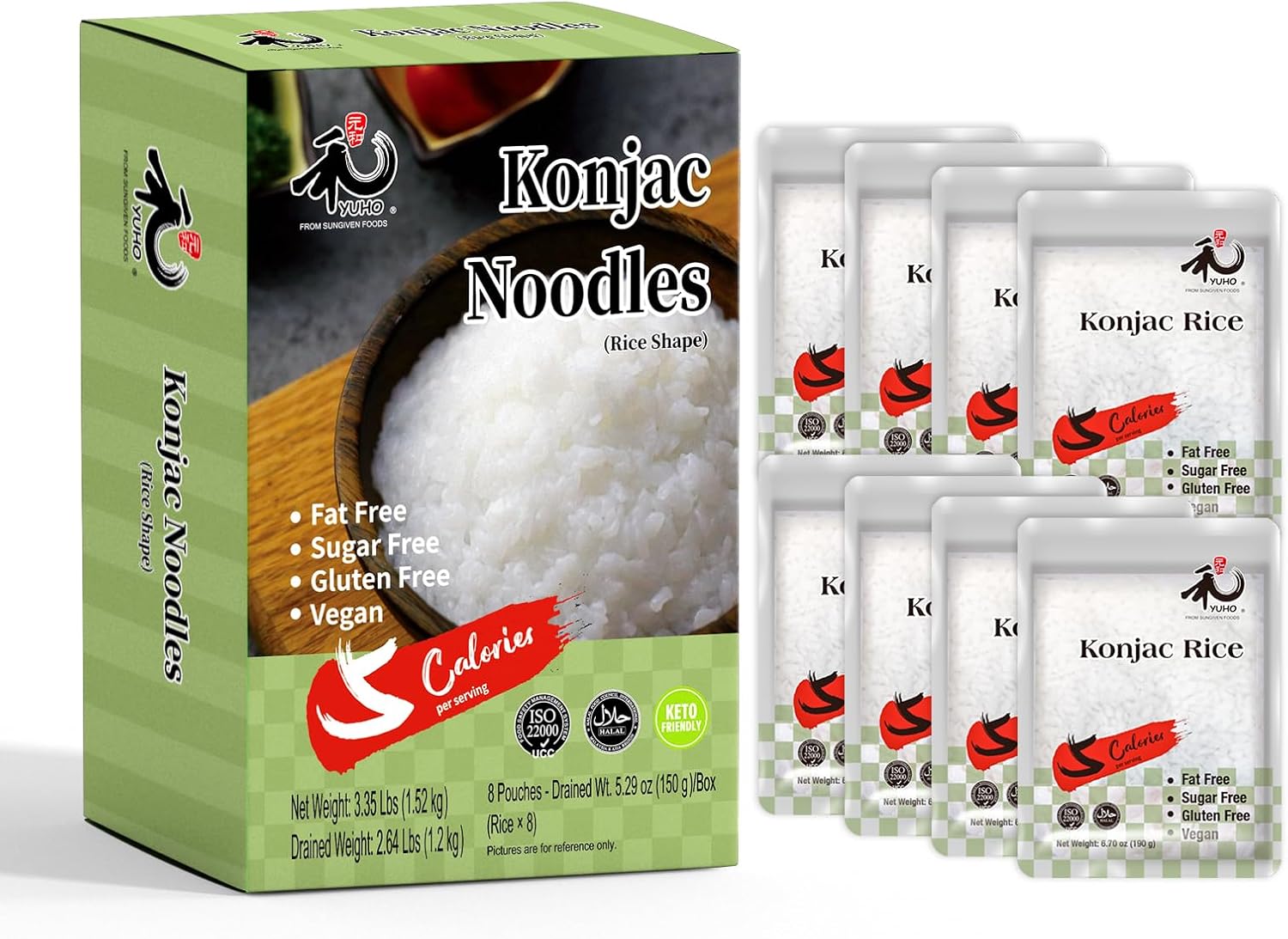 YUHO Shirataki Konjac Rice, 8 x 150 g, Vegan Food Gluten-Free Rice