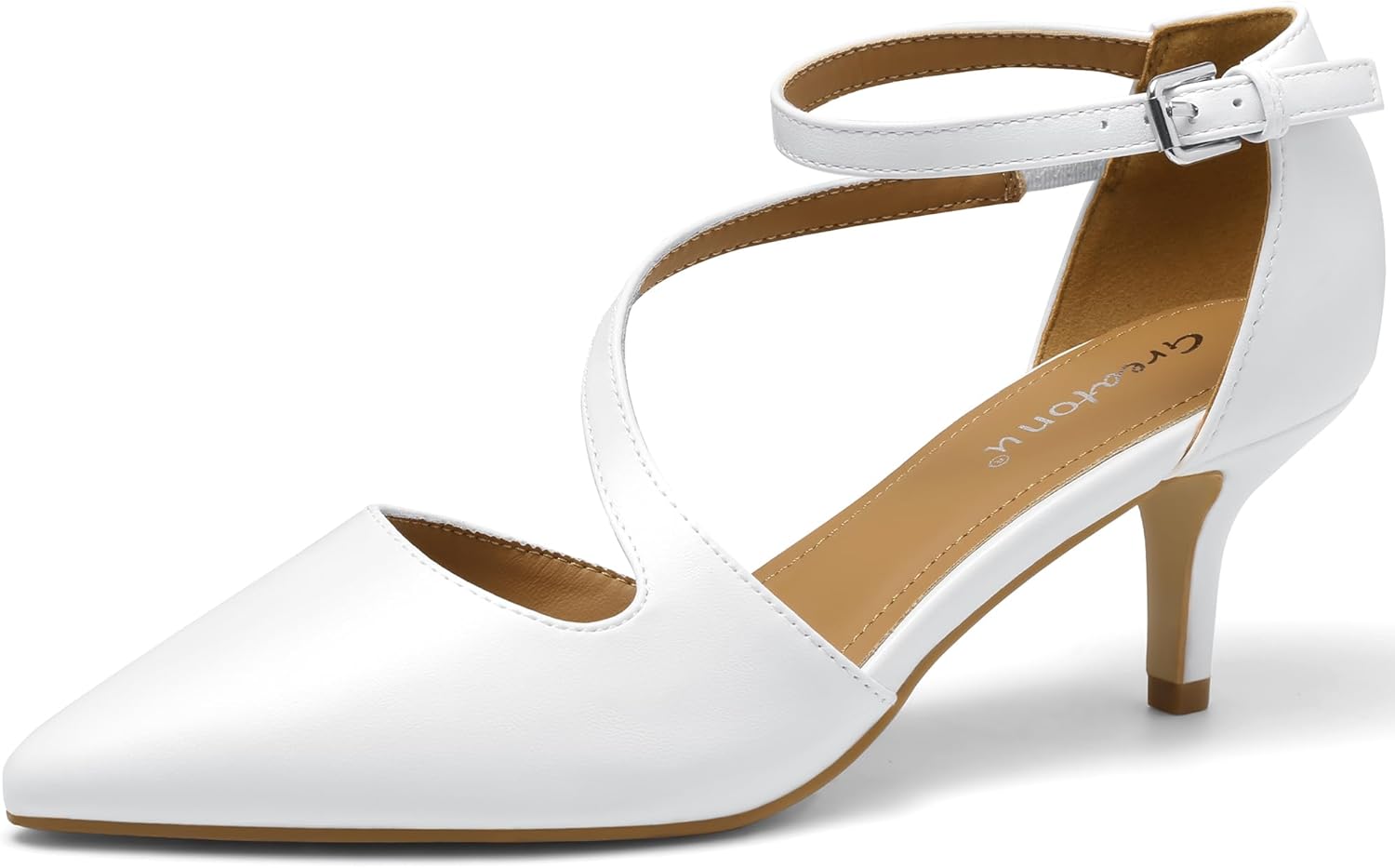 Greatonu Women's Pointed Toe Kitten Mid Low Heel Sandals Ankle Strap Pumps Elast...