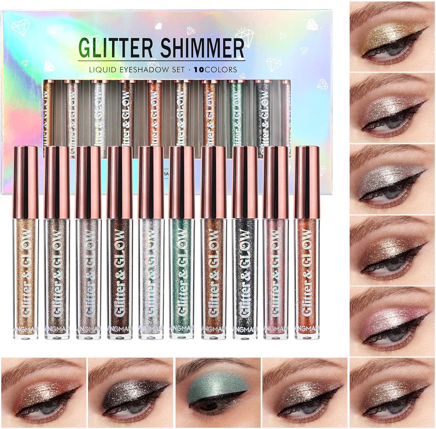 10 Pcs Liquid Glitter Eyeshadow Metallic Shimmer&Sweatproof Makeup Set, Matte Gl...