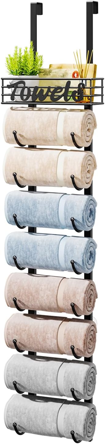 HapiRm Over Door Towel Rack-Towel Storage Rack Wall Mounted with Metal Shelf, 9-...