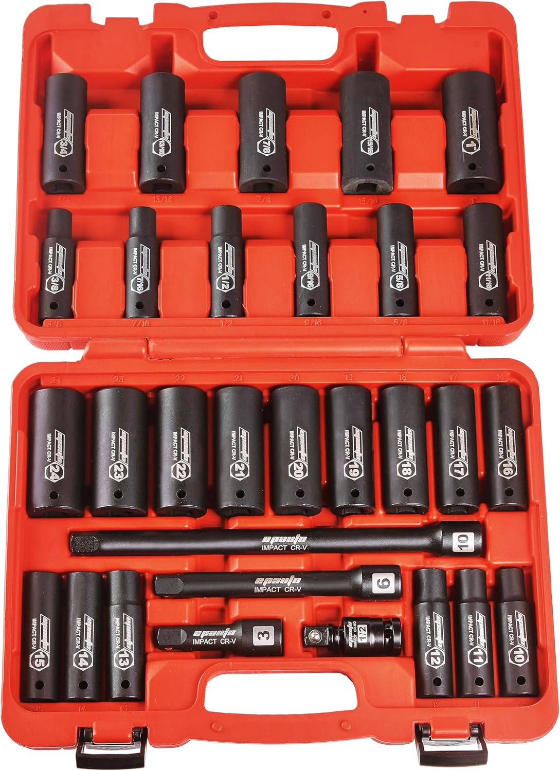 EPAuto 1/2-Inch Drive SAE (3/8-1 inch) | Metric (10-24 mm) Deep Impact Socket Se...