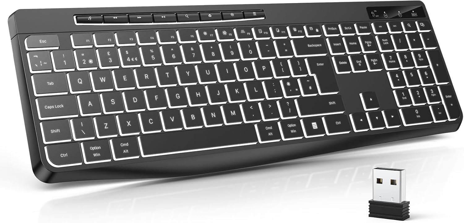 TECURS Wireless Keyboard White Backlit, 2.4G Silent Keyboard Wireless with Multi...