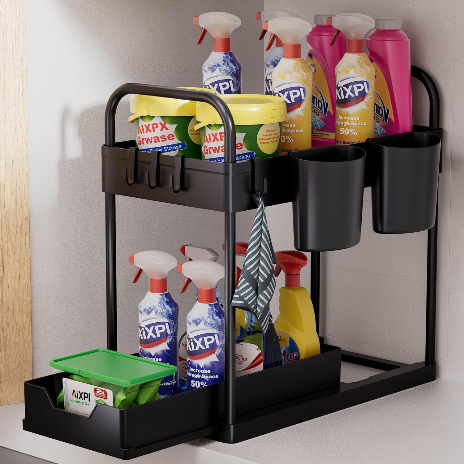 2 Tier Under Sink Storage,Under Sink Organiser with Bottom Sliding Basket Drawer...