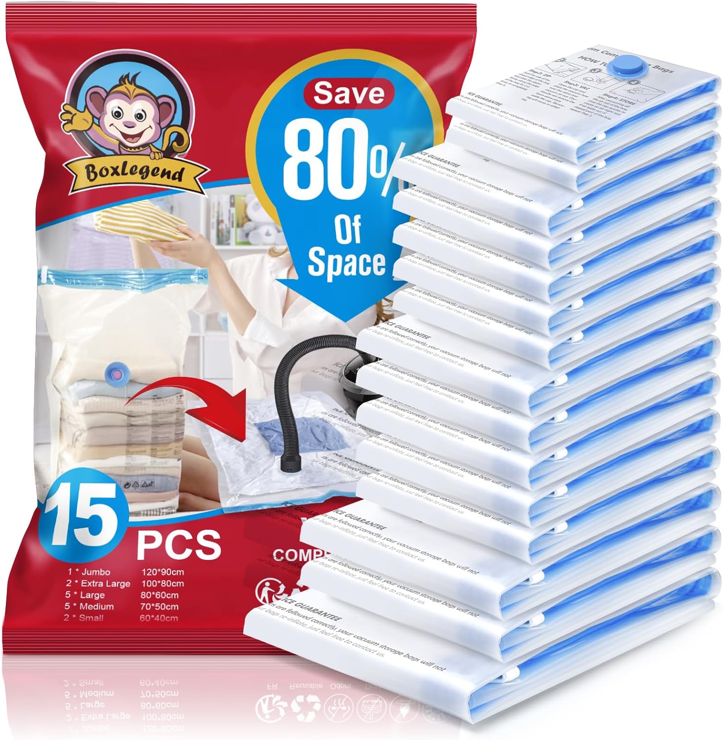 BoxLegend Vacuum Storage Bags Space Saving Bags 15pcs 1XXL + 2XL+ 5L + 5M + 2S D...