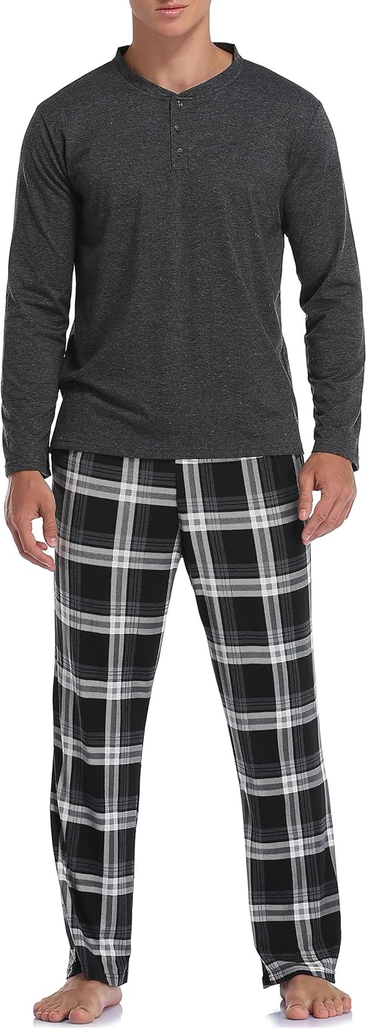Vlazom Men's Pyjamas Sets Long-Sleeve Pj's Set Soft Loungwear Solid Top and Chec...