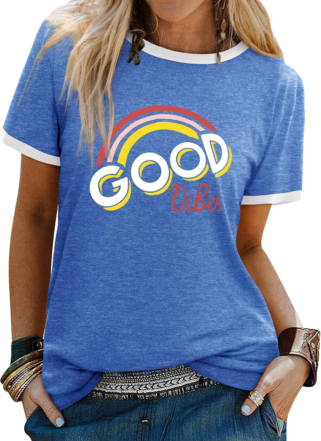 Dresswel Women Good Vibes T-Shirt Rainbow Graphic Print Tee Shirts Summer Tops M...