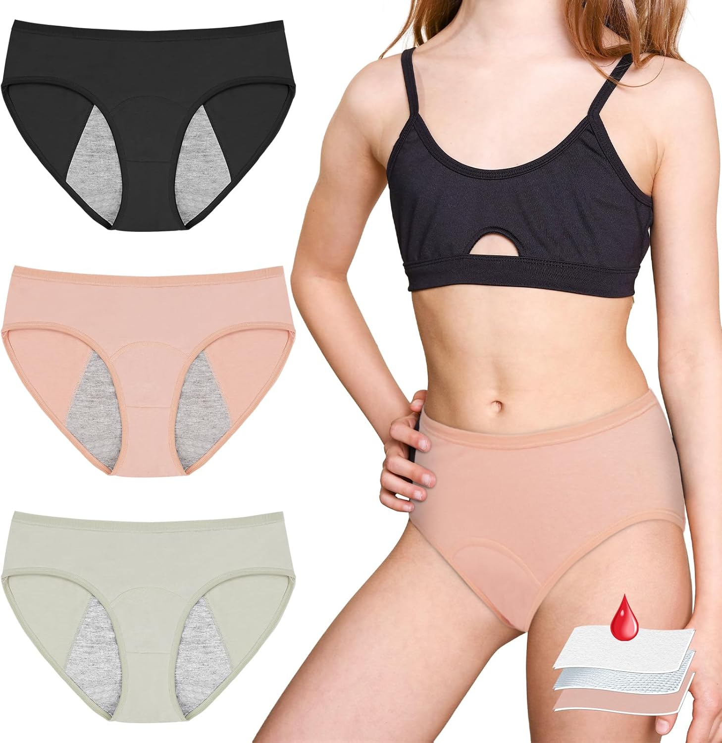 AUYAO Teen Girls Period Pants, 3Pcs Breathable Cotton Period Panties, Soft Leakp...