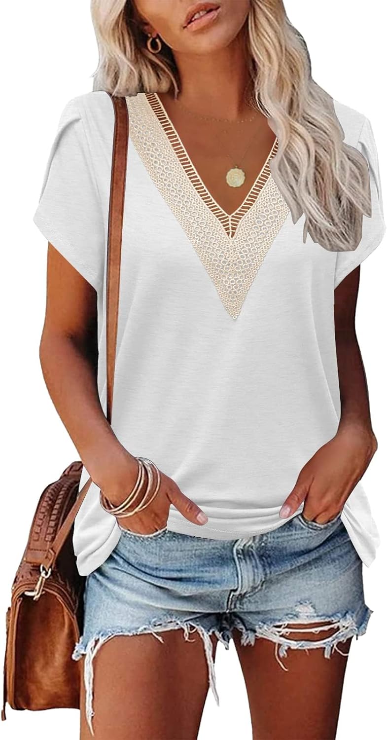 Famulily Women's Lace Trim V Neck T-Shirts, Short Petal Sleeve Summer Dressy Top...