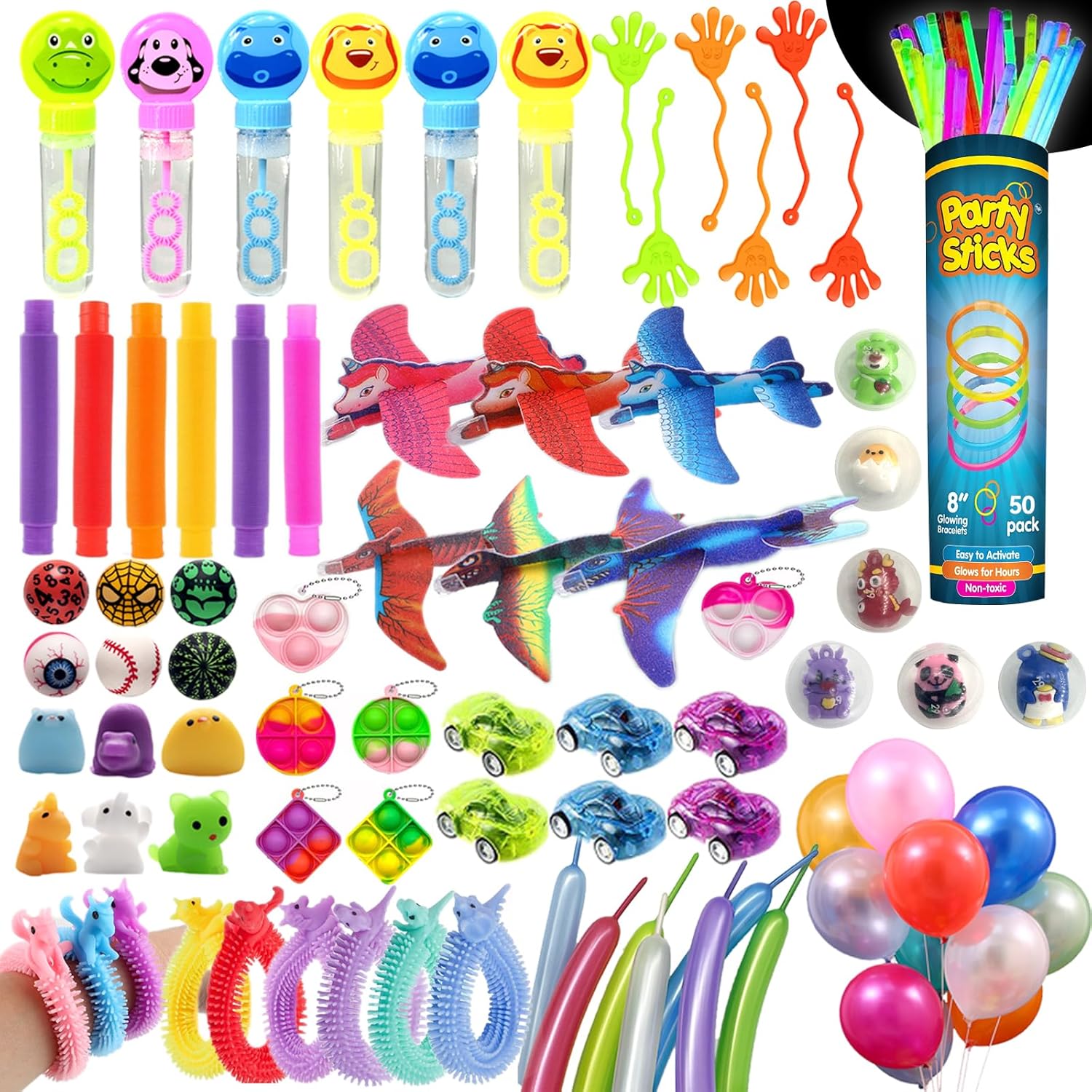 WAORZMK 160Pcs Party Bag Fillers for Kids with Glow Sticks, Bubble, Balloons, Gl...