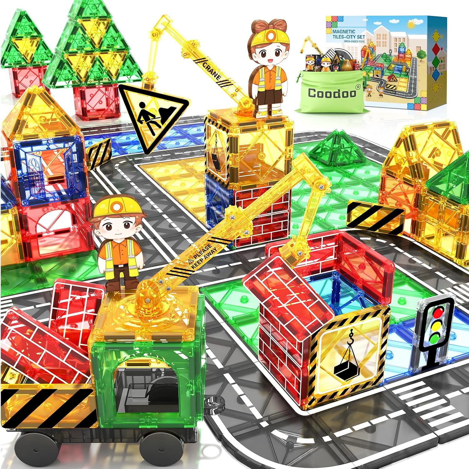 Kids Games Magnetic Tiles Road Set with Extendable Magnetic Crane, City Construc...