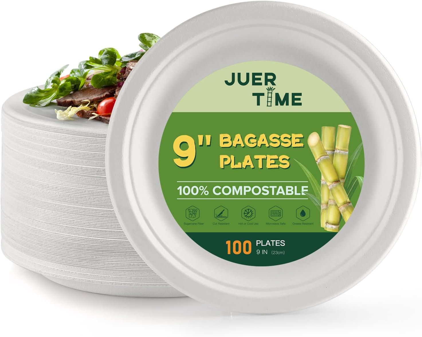 Juertime Strong Paper Plates 9 inch- 100 Pack Heavy Duty Disposable Bagasse Plat...