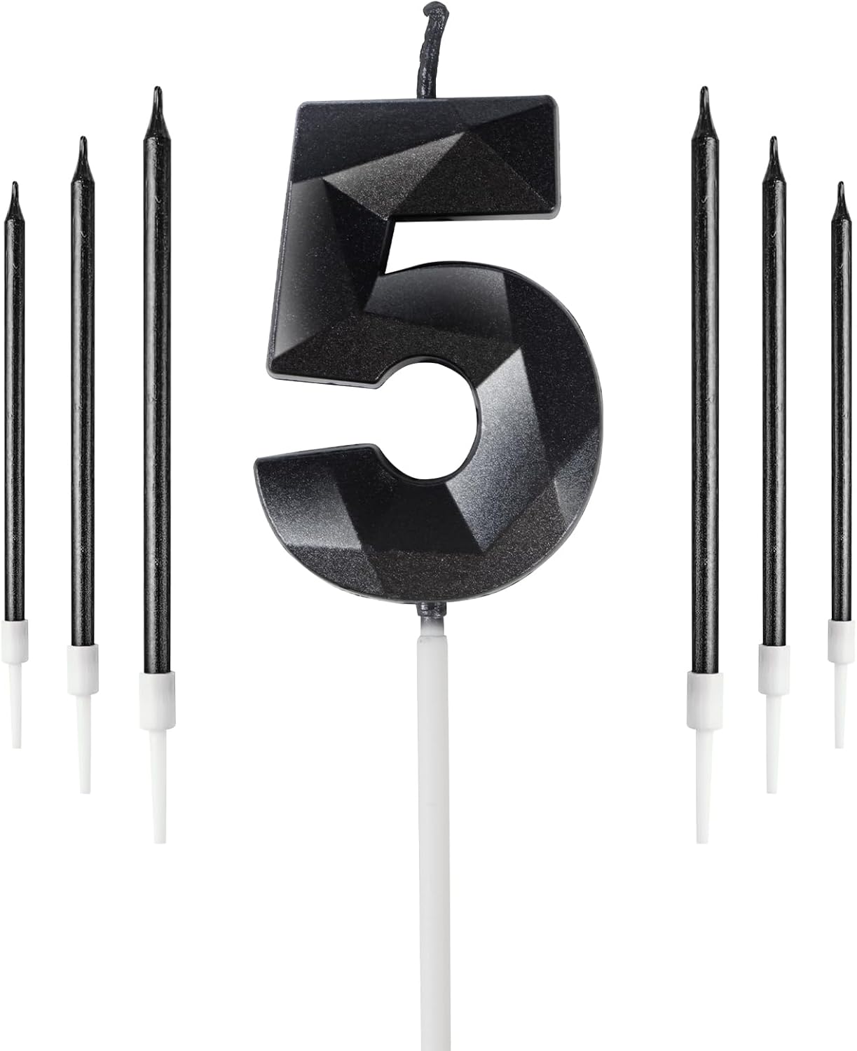 Black 5th Birthday Candles Set, Number 5 Candle with Black Gold Long Candles, Bi...
