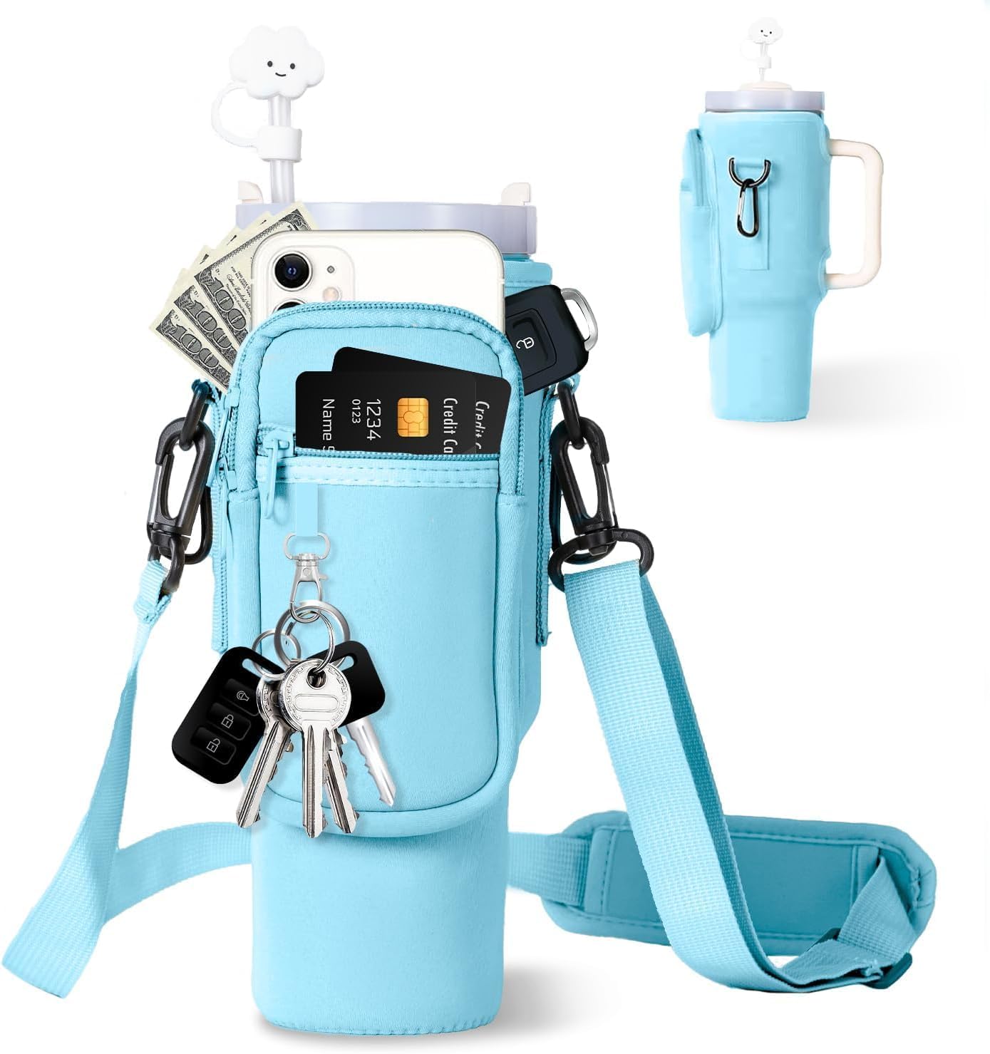 Water Bottle Carrier Bag with Phone Pocket for Stanley 40 oz Tumbler Neoprene Wa...